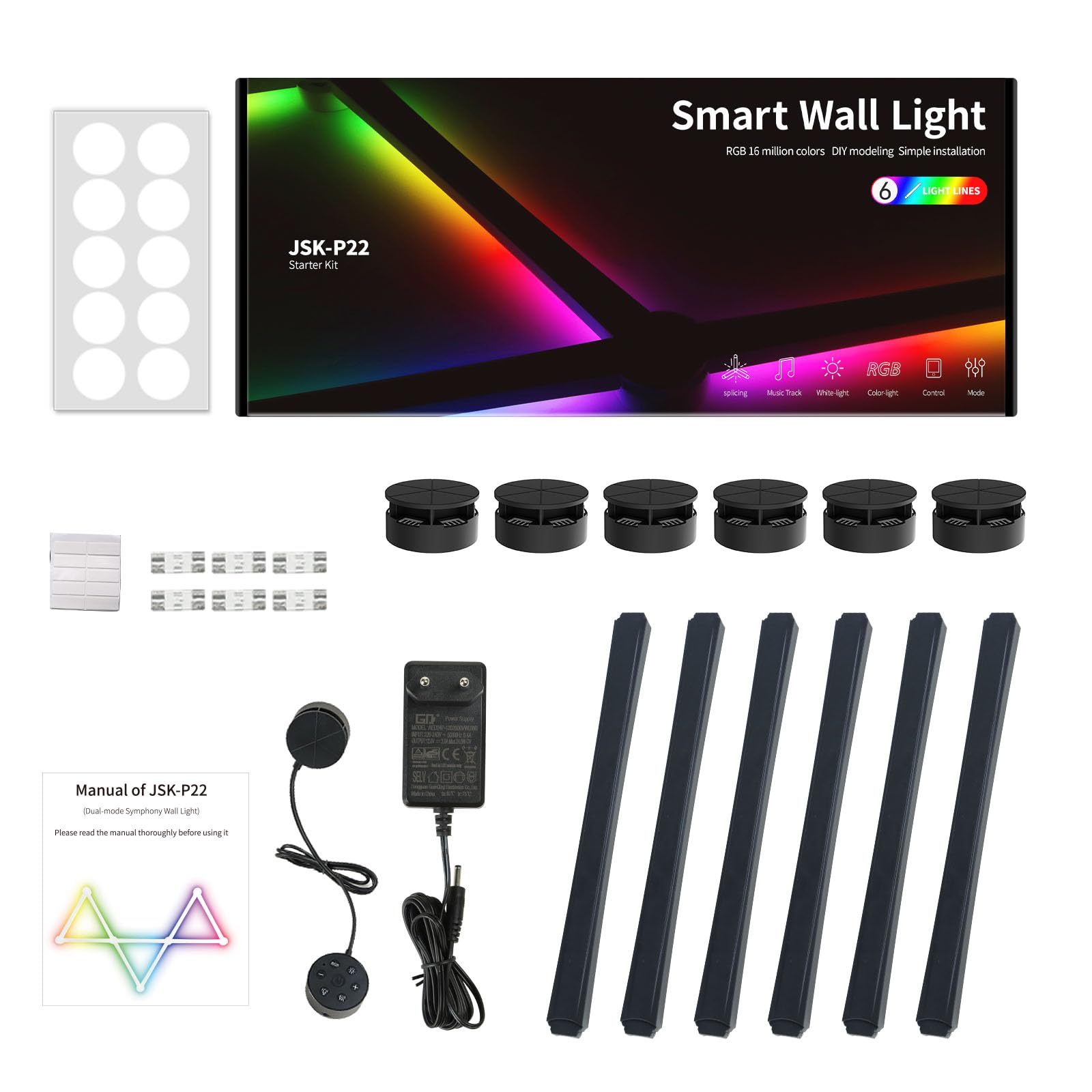 elice Luces de pared inteligentes Wi-Fi, 6 piezas, sincronización musical, multicolor, más de 40 escenas dinámicas, funciona con Alexa y el Asistente de Google, barra de luz LED para decoración del