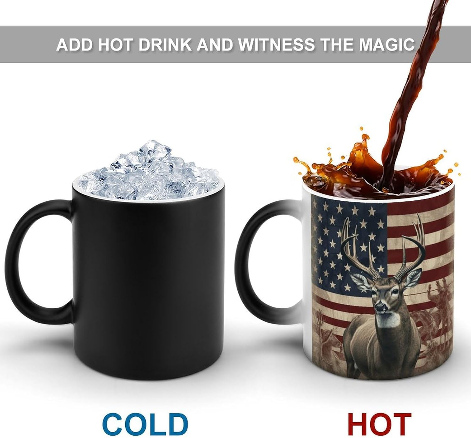 Color Changing Mug Americana Flag Deer Printed Ceramic Coffee Mug Heat Changing Sensitive Mug Magic Heat Changing Coffee Mug Novelty Coffee Mugs