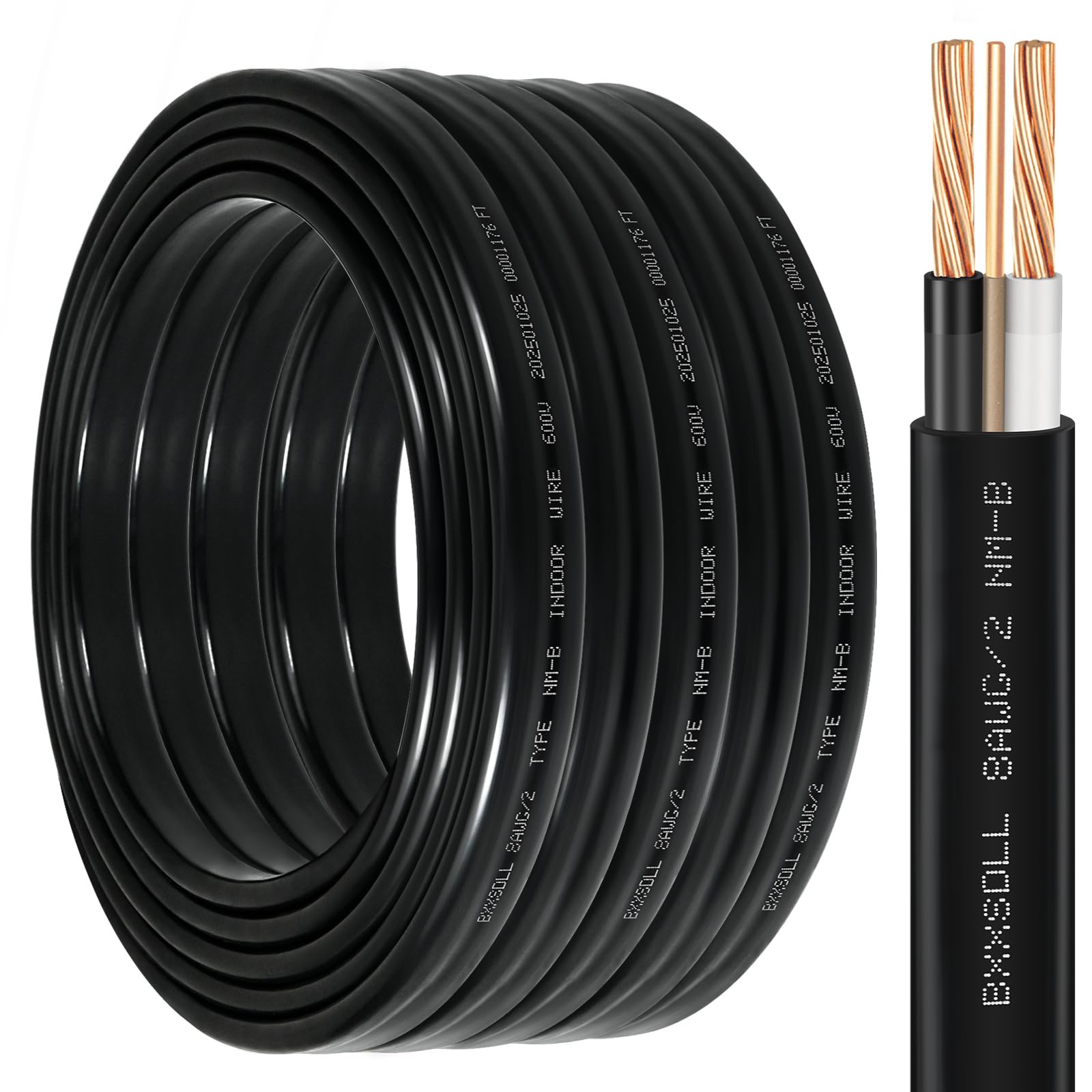 75 FT 8/2 NM-B Wire with Ground -8 AWG 2 Conductor Non-Metallic Sheathed Cable, 100% Pure Copper Electrical Wire for Outlets, Switches, Lighting,