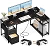 Coleshome Computer Desk with Drawers, 140×80 cm Corner Office Desk with Built-in Power Outlet, Reversible L Shaped Desk with Storage Shelves for Home Office, Black