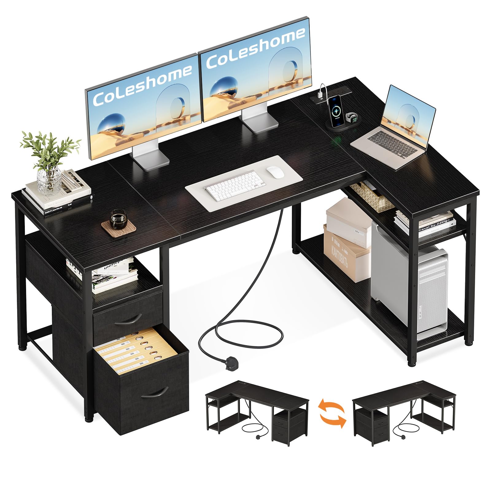 Coleshome Computer Desk with Drawers, 140×80 cm Corner Office Desk with Built-in Power Outlet, Reversible L Shaped Desk with Storage Shelves for Home Office, Black
