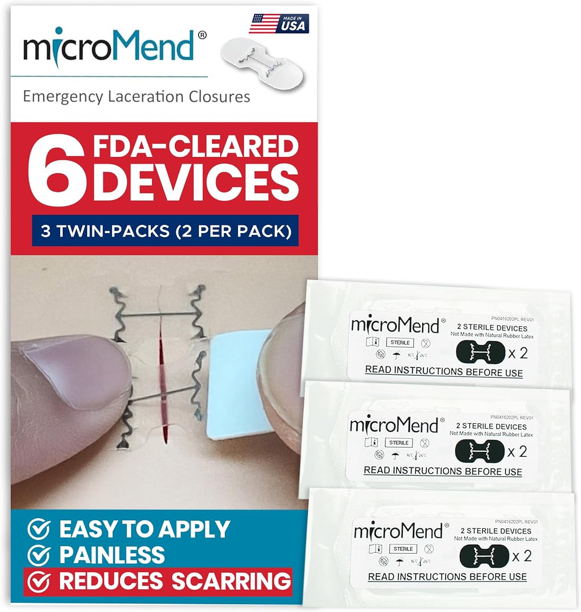 Emergency Wound Closure Kit - 6 Sterile Laceration Strips | FDA-Listed, Painless, Latex-Free, Water-Resistant, 7-Day Wear, Butterfly Bandage Alternative