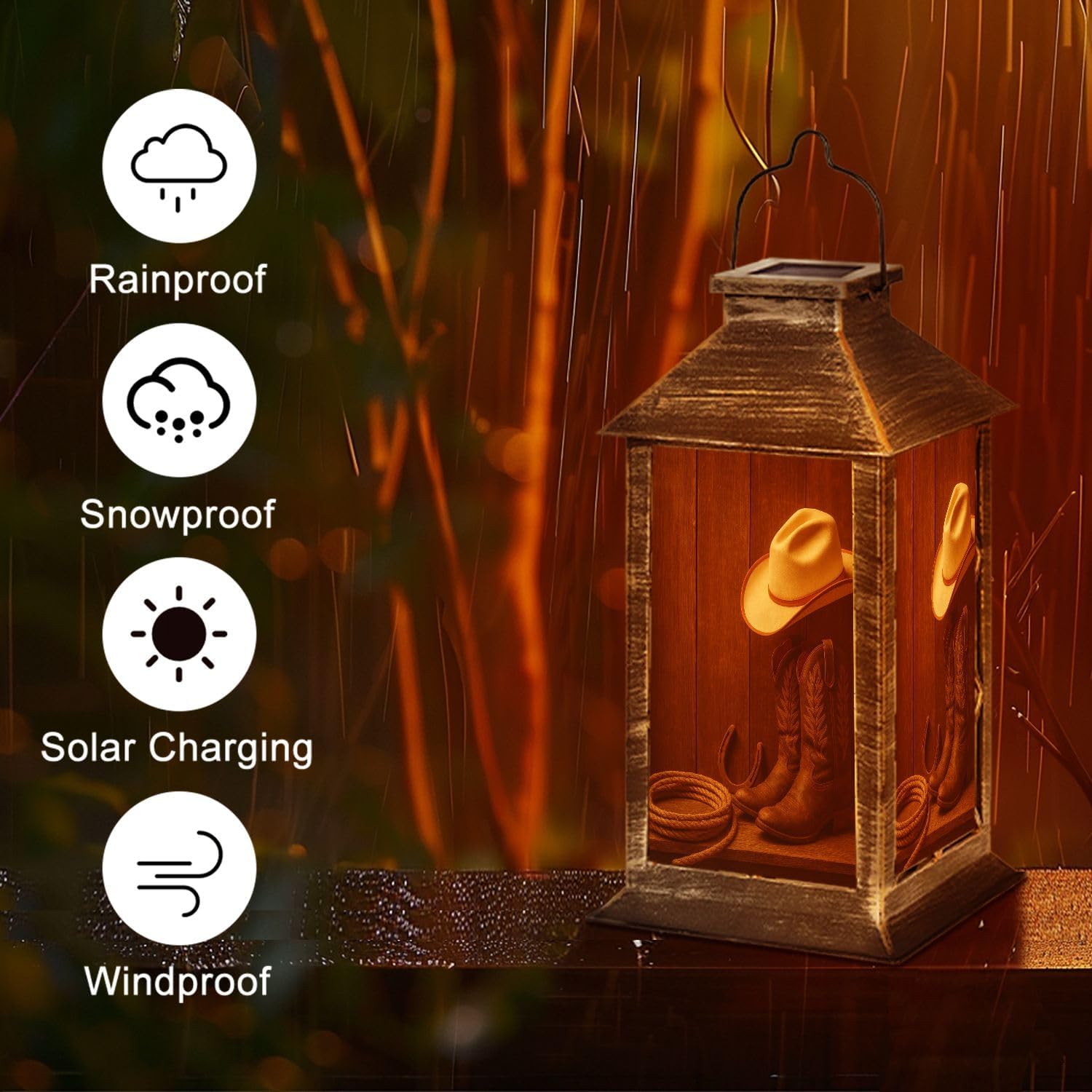 Western Solar Lantern Cowboy Boots Cowboy hat Lasso Against barn Outdoor Garden Hanging Lantern Waterproof Solar Powered Lighting Outside Table Lamp for Deck Yard Camping Patio Decor