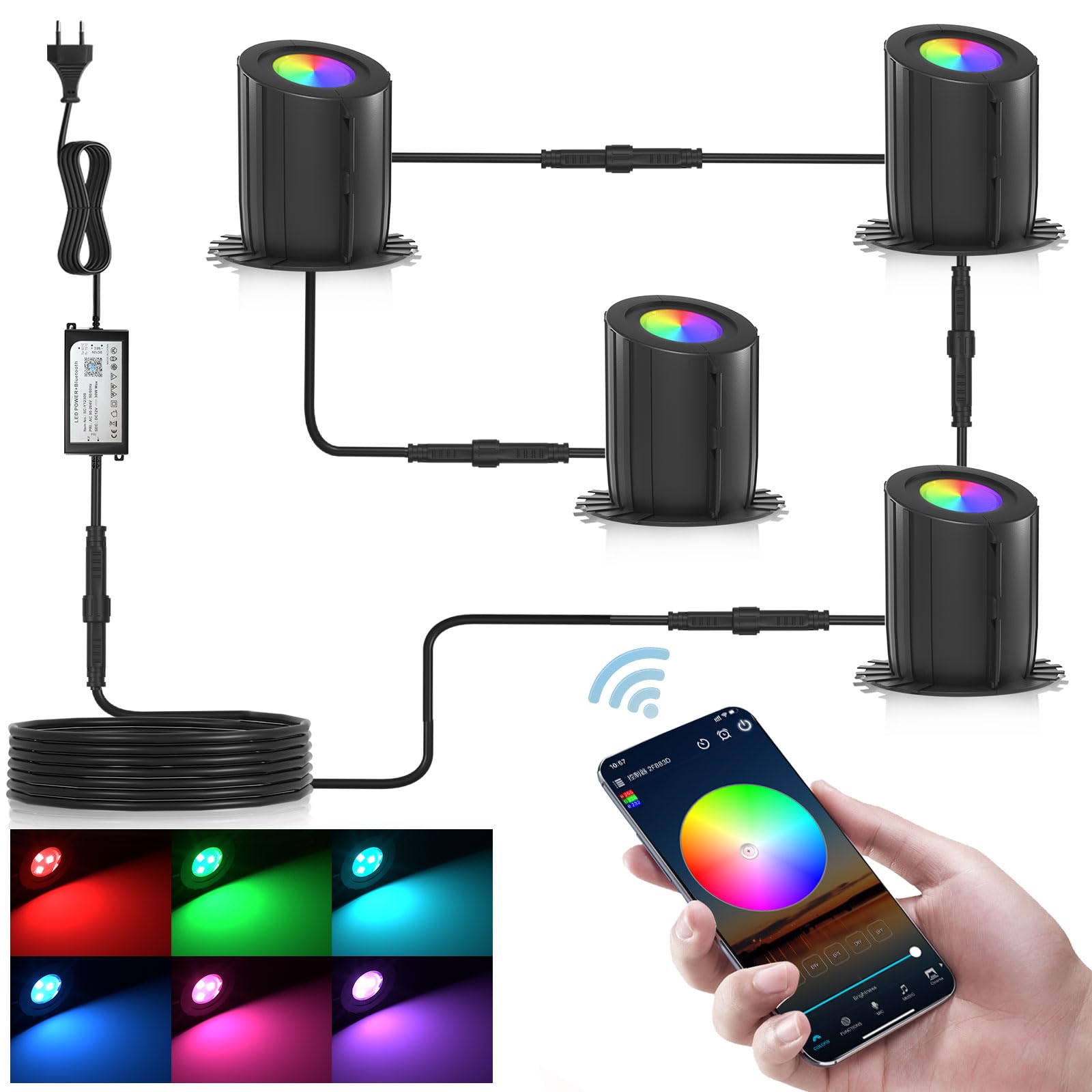 4 Stück LED Teichbeleuchtung, WiFi RGB LED Gartenleuchte Steuerbar via App, IP68 Wasserdichter Gartenstrahler, Gartenlampen für Draußen für Hof, Bäume, Kompatibel mit Alexa, Google Home