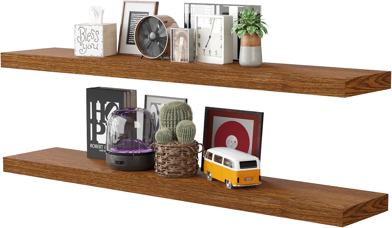 BAMEOS Floating Shelves, American Oak Wall Mounted Wooden Shelves with Invisible Brackets Set of 2, Hanging Wall Shelves Decoration for Bedroom, Bathroom, Living Room and Kitchen 31x7 American Red Oak