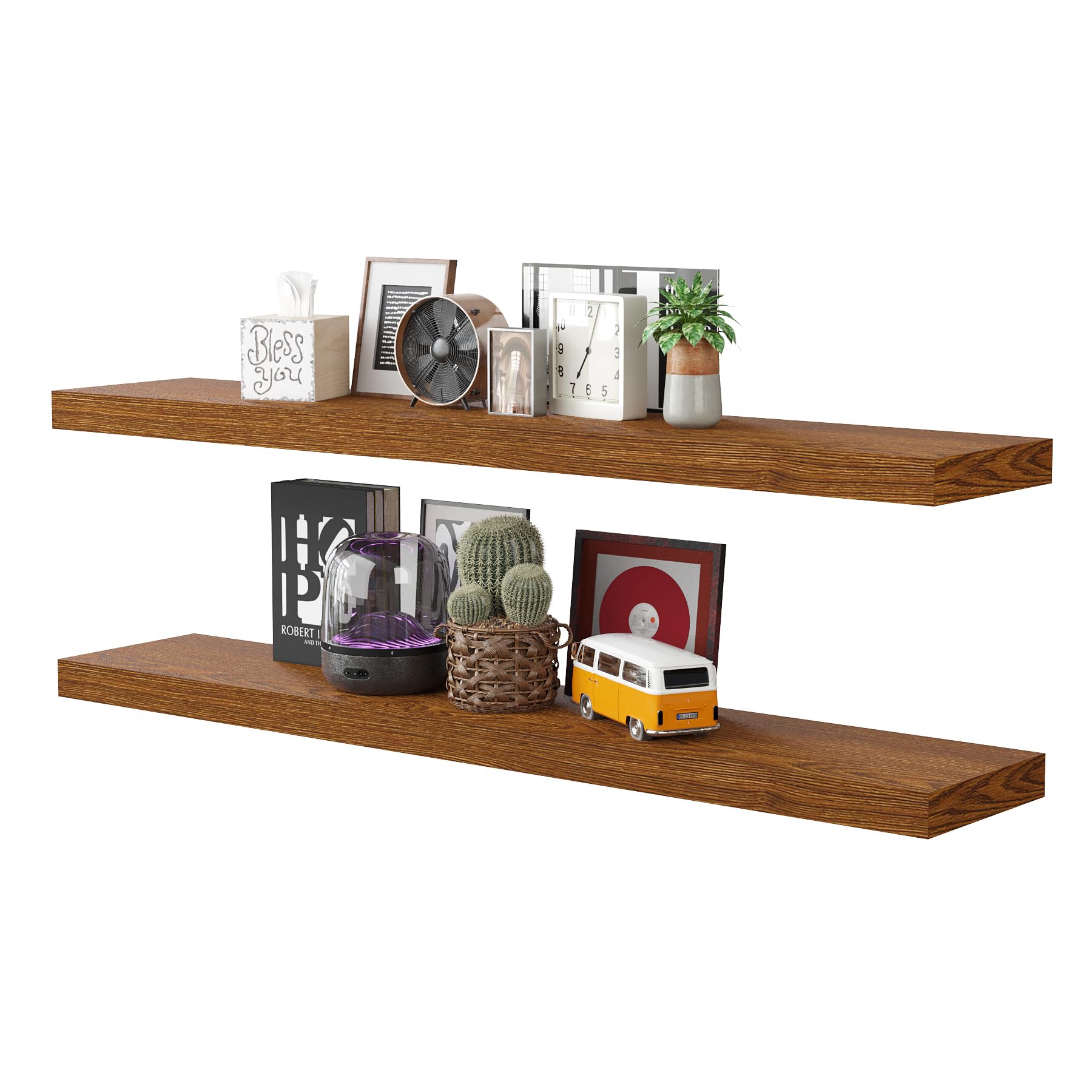 BAMEOS Floating Shelves, American Oak Wall Mounted Wooden Shelves with Invisible Brackets Set of 2, Hanging Wall Shelves Decoration for Bedroom, Bathroom, Living Room and Kitchen