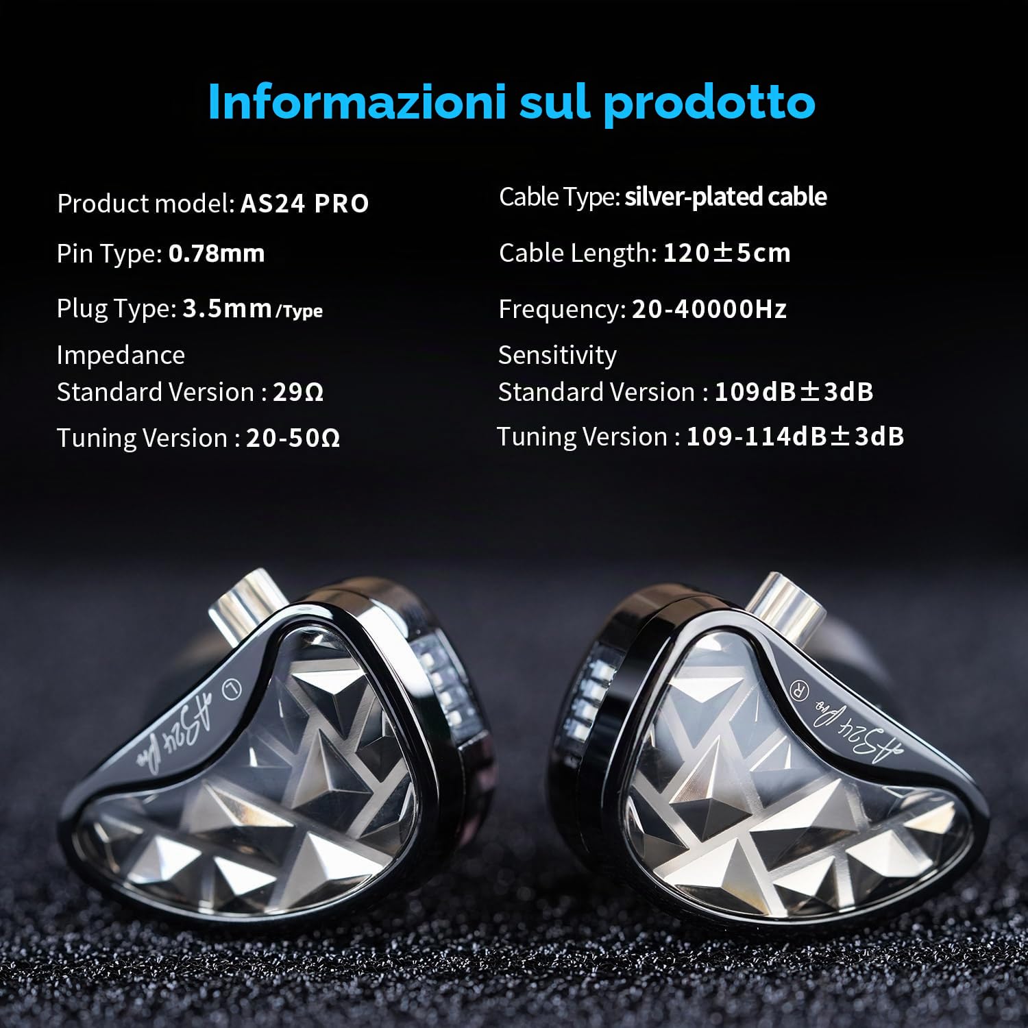 KZA COUSTICS AS24 PRO 24 Auricolari ad armatura bilanciata IEM in-ear monitor cuffie da studio con versione standard e sintonizzazione, suono HiFi per musicisti audiofili (standard senza microfono)