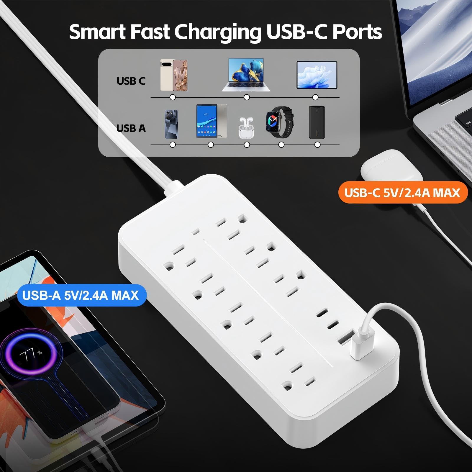 Cable de extensión plano de 15 pies, protector de sobretensiones y regleta de alimentación con 8 salidas y 4 puertos USB, 3 clavijas, extensor de enchufe con cable largo, protección contra sobrecarga