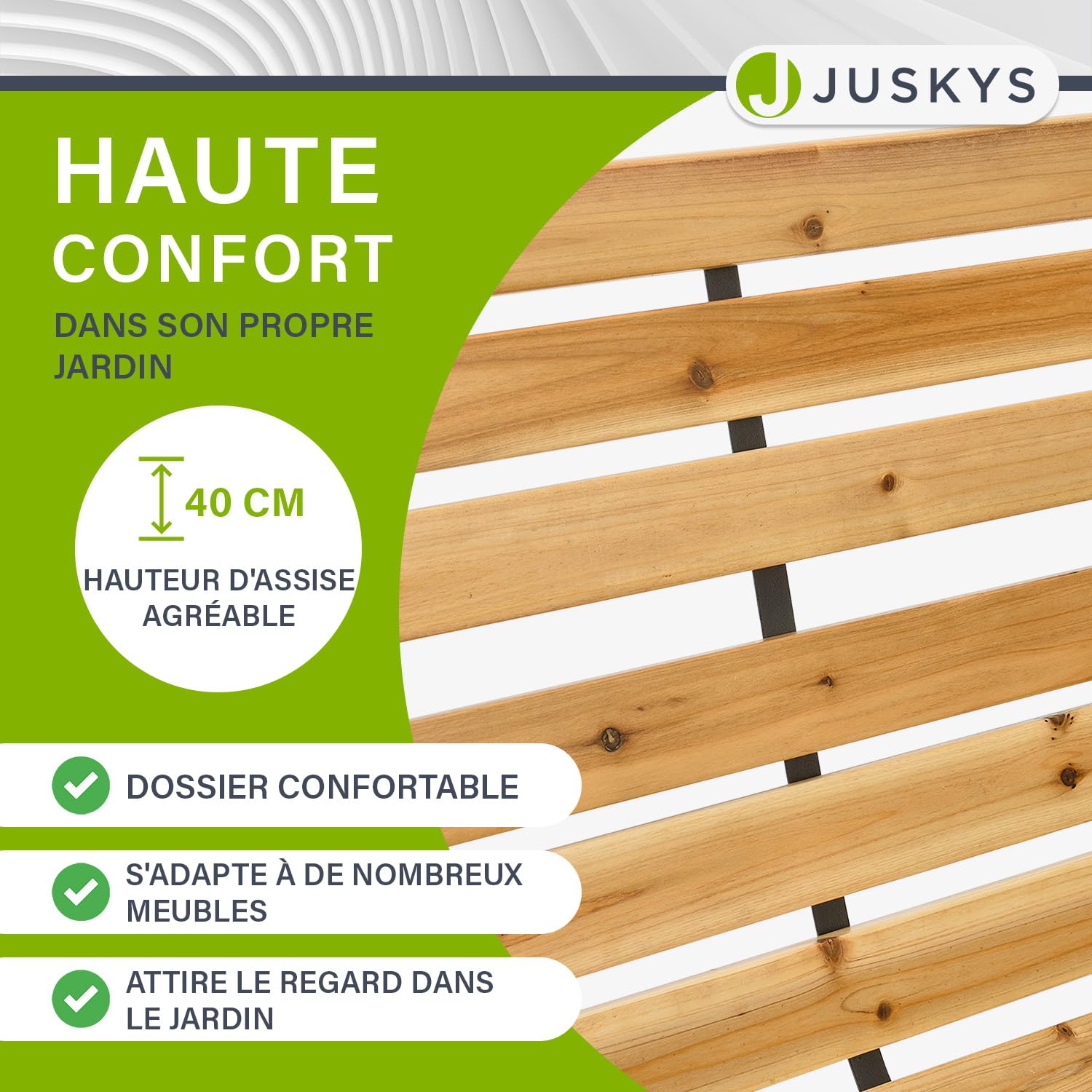 Juskys Banc de Jardin Modena en Bois 2 Places avec accoudoirs et Dossier - Banc résistant aux intempéries - Banc avec éléments latéraux en Acier- Naturel, 62x120x82cm