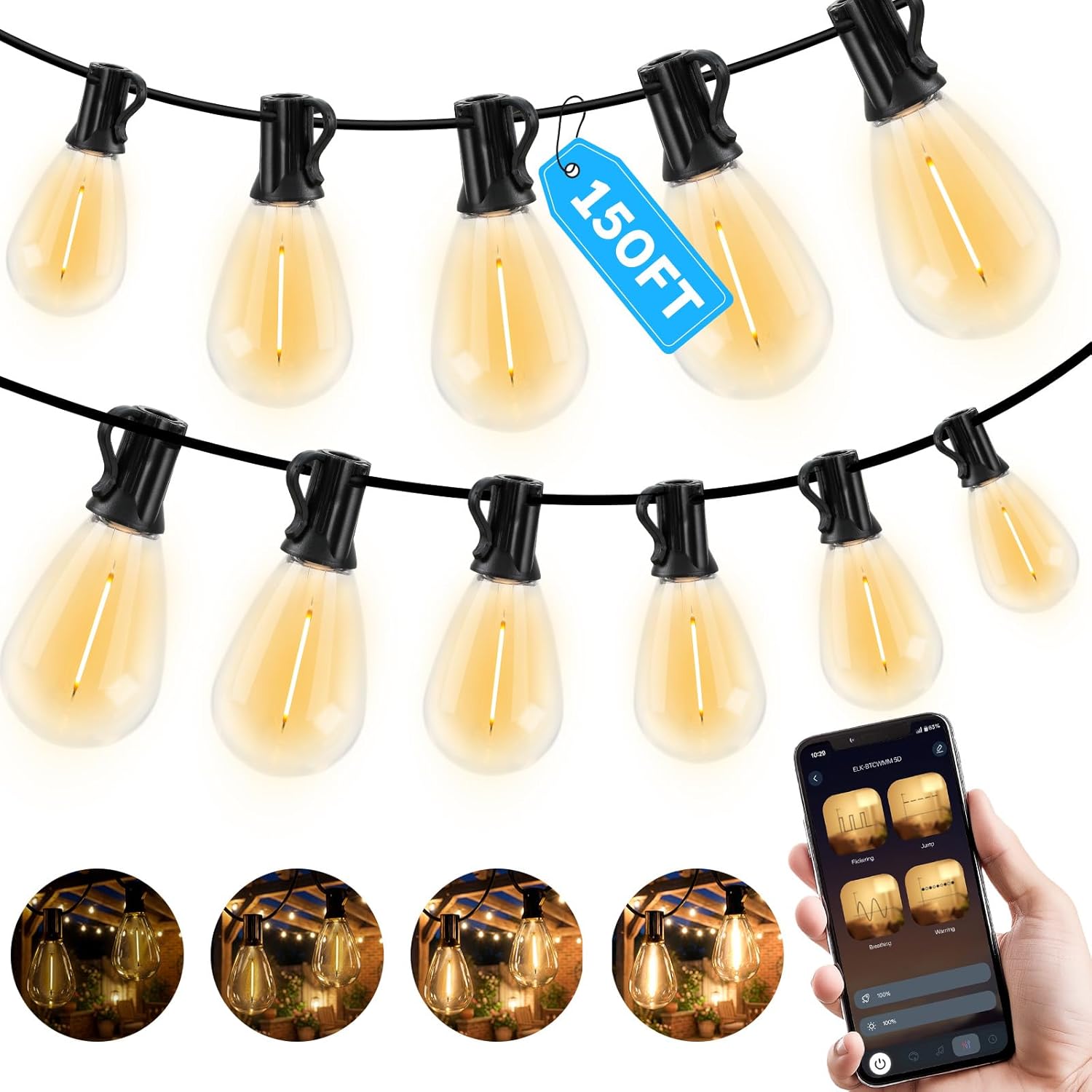 GvvooHome 150FT Outdoor String Light with S11 Plastic Bulbs, Low-Voltage LED Patio Light with App & Remote, Music Sync, 4 Lighting Modes, Dimmable & Waterproof for Backyard, Porch, Garden, Deck, Party