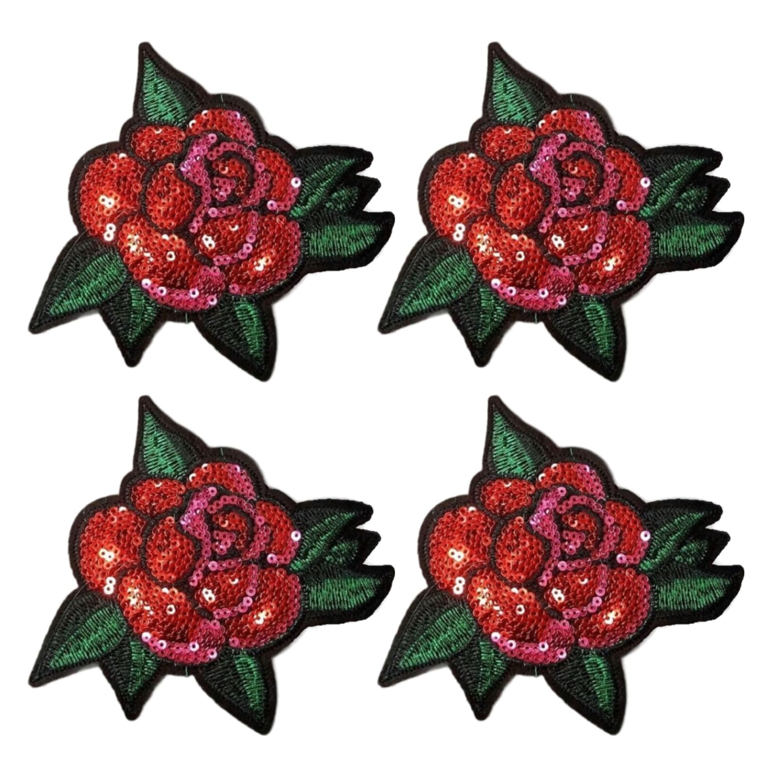 4Pcs Red and Pink Sequin Rose with Leaf Patch Iron-On/Sew On, 5 inch Applique Embroidered Iron on Patch Sew On for Clothing Applique for Jackets Patches for Craft Sewing Appliques