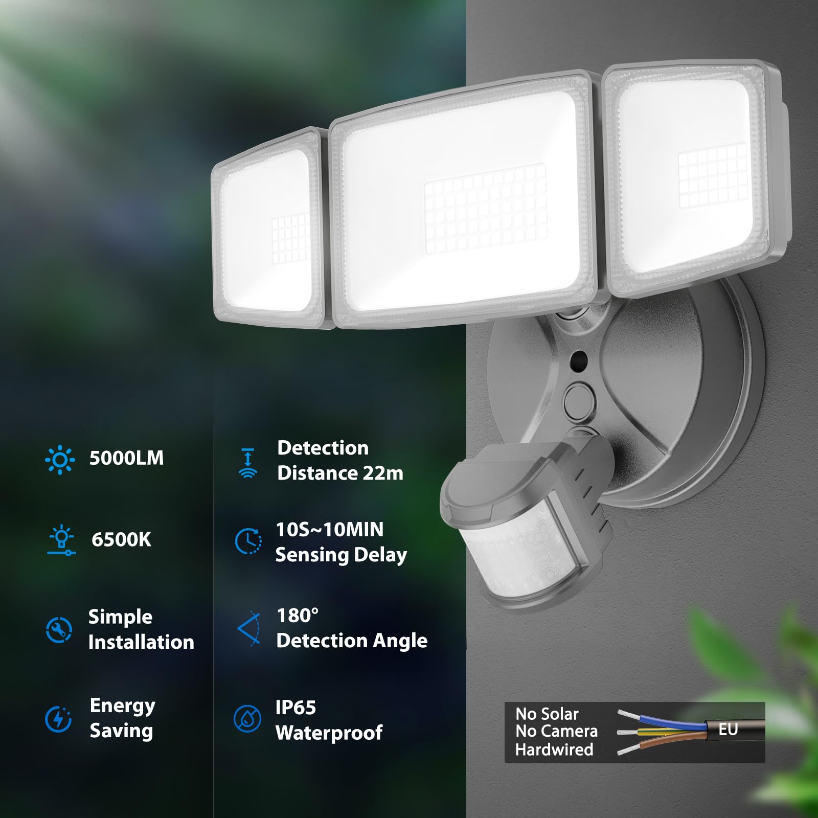Onforu 55W Foco de Seguridad con Sensor de Movimiento, 3 Cabezas 5000 LM Foco Exterior LED, IP65 Impermeable Proyector Foco LED con Detector, 6500 K Blanco Frío para Jardín, Patio, Garaje, Entrada