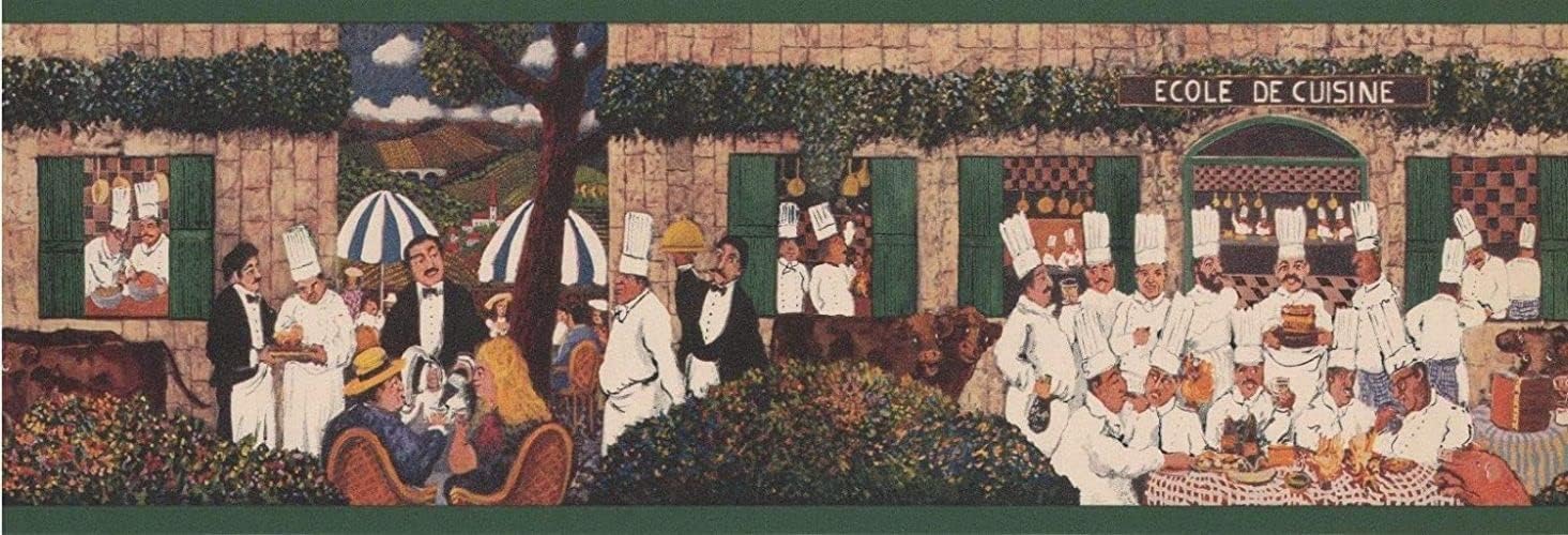 CONCORD WALLCOVERINGS ™ Wallpaper Border with French Le Bistro Chef, Colors Green White Brown Black, Perfect for Kitchen Restaurant Dining Area, Size 8 ¼ inches by 15 feet TG2316B