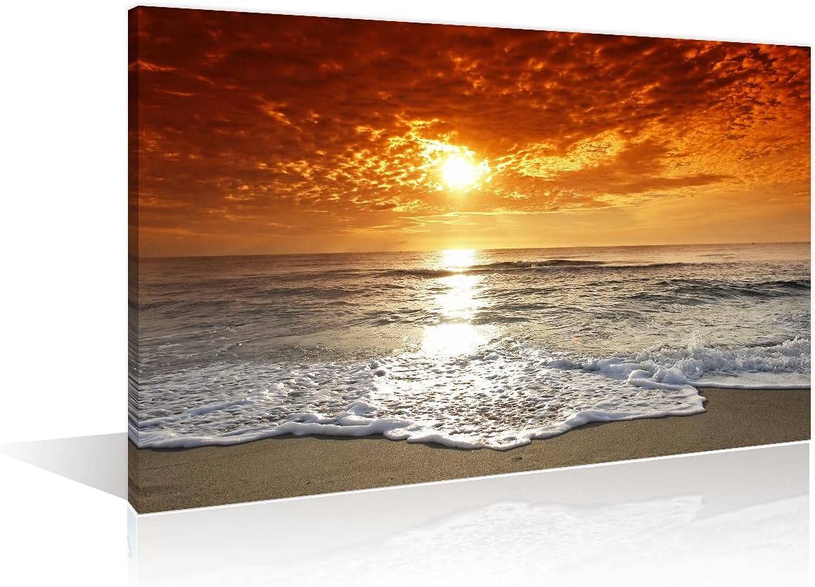 TISHIRON Wall Art Decor Canvas Painting Dusk Beach Coastal Wave Pictures Artwork Framed Prints for Home Office Decor 12X8in Ready to Hang
