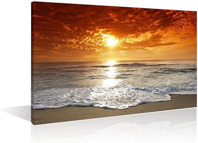 TISHIRON Wall Art Decor Canvas Painting Dusk Beach Coastal Wave Pictures Artwork Framed Prints for Home Office Decor 36X24in Ready to Hang