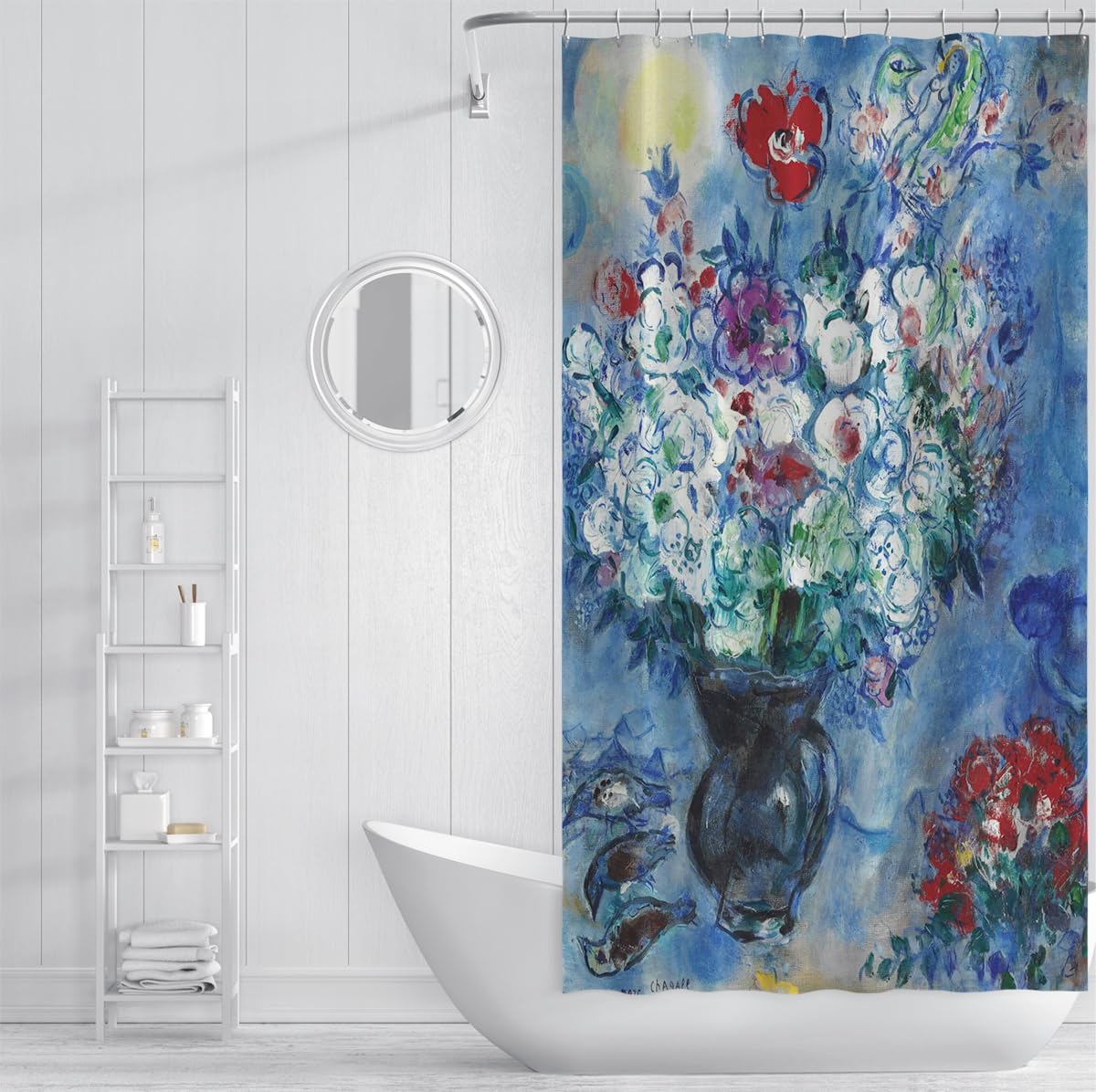 Bouquet surrealista in vaso nero con tenda doccia da sogno e fantasioso con fiori 200 x 240 cm