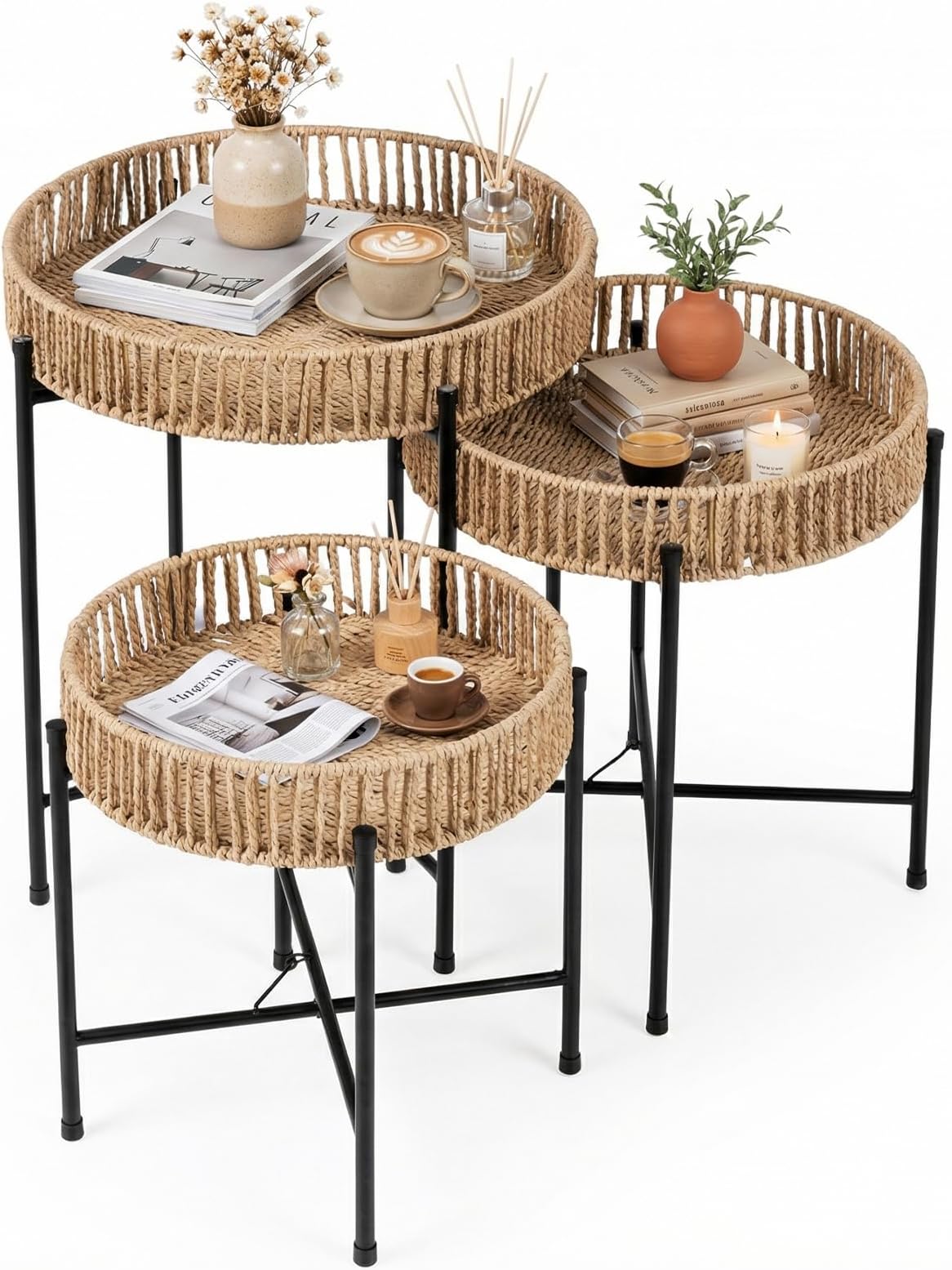 Nesting Tables Set of 3, Round Stacking End Sofa Side Table with Metal Legs, Boho Weaving Tea Accent Cocktail Center Bedside Tables for Living Room Bedroom Small Space