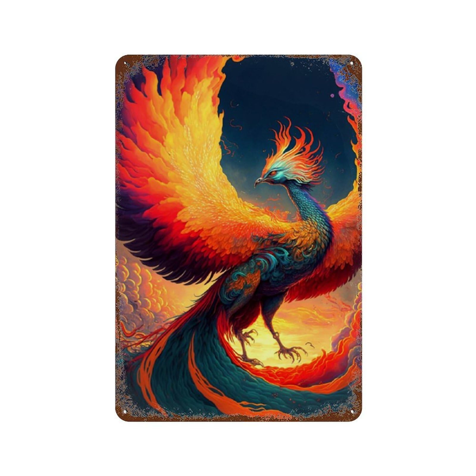 Garage Style Phoenix Rising Mythical Firebird Artwork -3 Distressed Metal Wall Sign 11.8"x7.9", Rustic Home Decor for Bar And Workshop