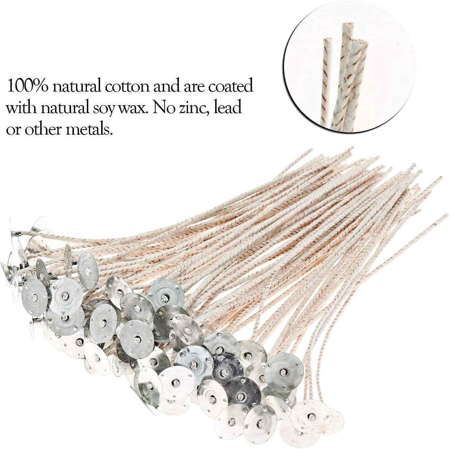 100pcs Eco Wicks for Soy Candles, 6 inch Pre-Waxed Candle Wick for Candle Making,Thick Candle Wick with Base