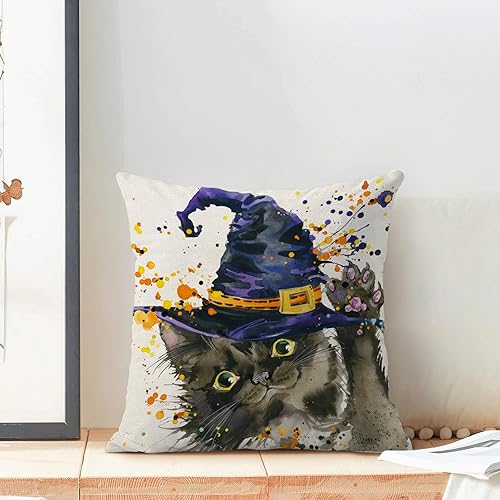 Miniatura 2 de Juego de 2 fundas de almohada de Halloween de 18 x 18 pulgadas, fundas decorativas de Halloween con sombrero de gato y bruja, fundas de almohada de
