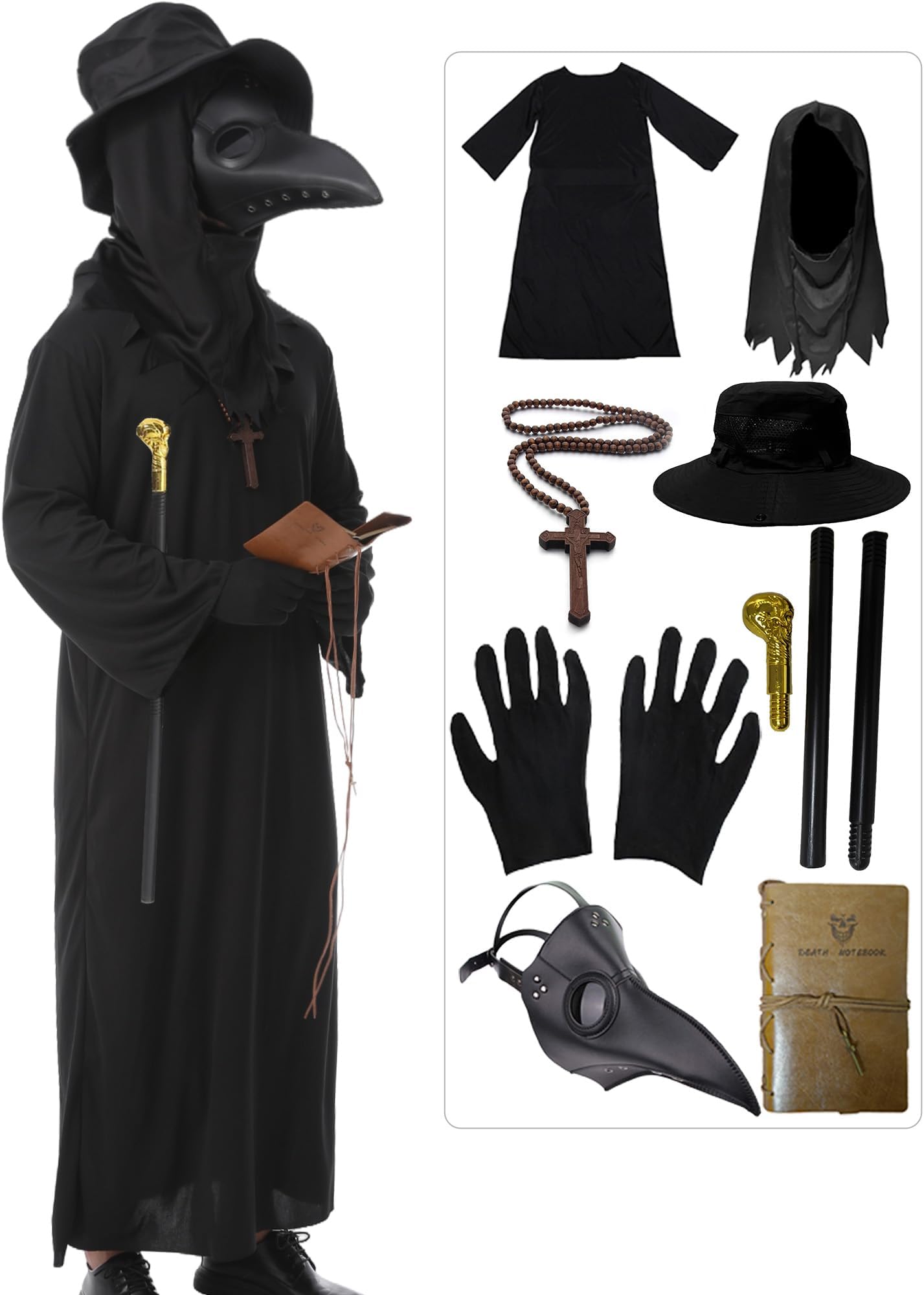 HAOSUN Plague Doctor Costume Set 8 in 1 Halloween Costumes Plague Doctor Mask Outfit for Men Adults (L size)