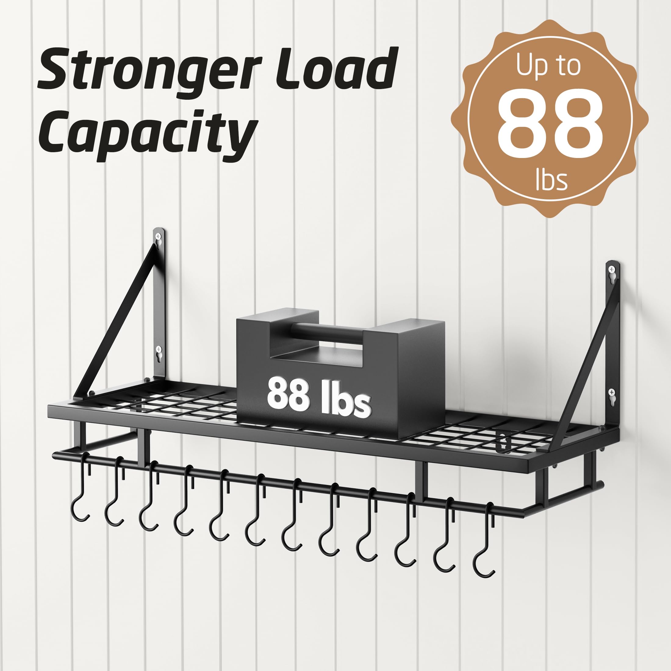 KES Estante de Cocina para Colgar Soporte para Ollas y Sartenes con 12 Ganchos Almacenaje Organizador Negro 75CM, KUR215S75-BK