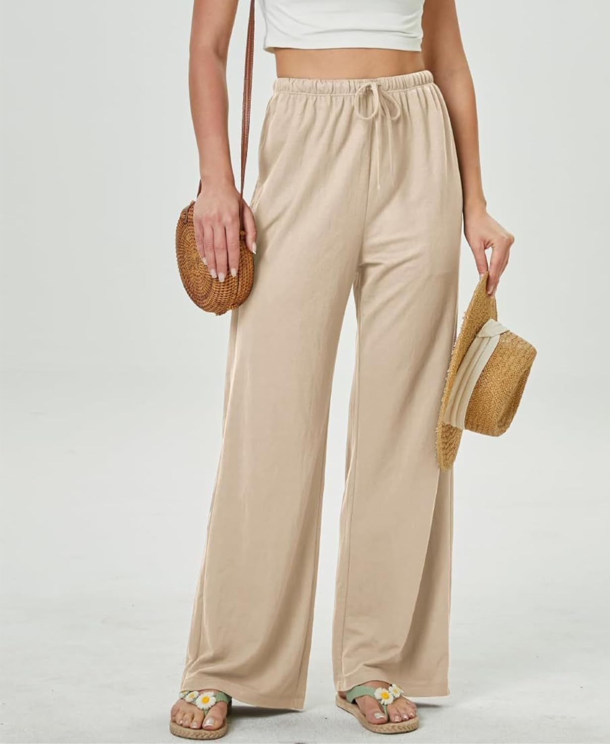 Women's Casual High Waist Pants Tie Waist Loose Fit Patchwork Trousers with Pockets - Image 2