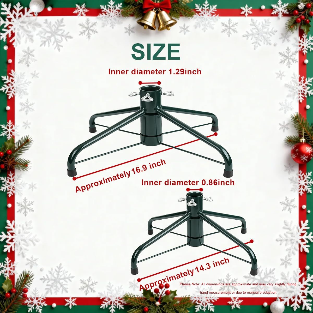 2 Pack Folding Christmas Tree Stand for 3-6 Ft Artificial Trees, Heavy Duty Metal Xmas Tree Holder Fits 0.5-1.29" Tree Pole, Green (14.3" & 16.9")