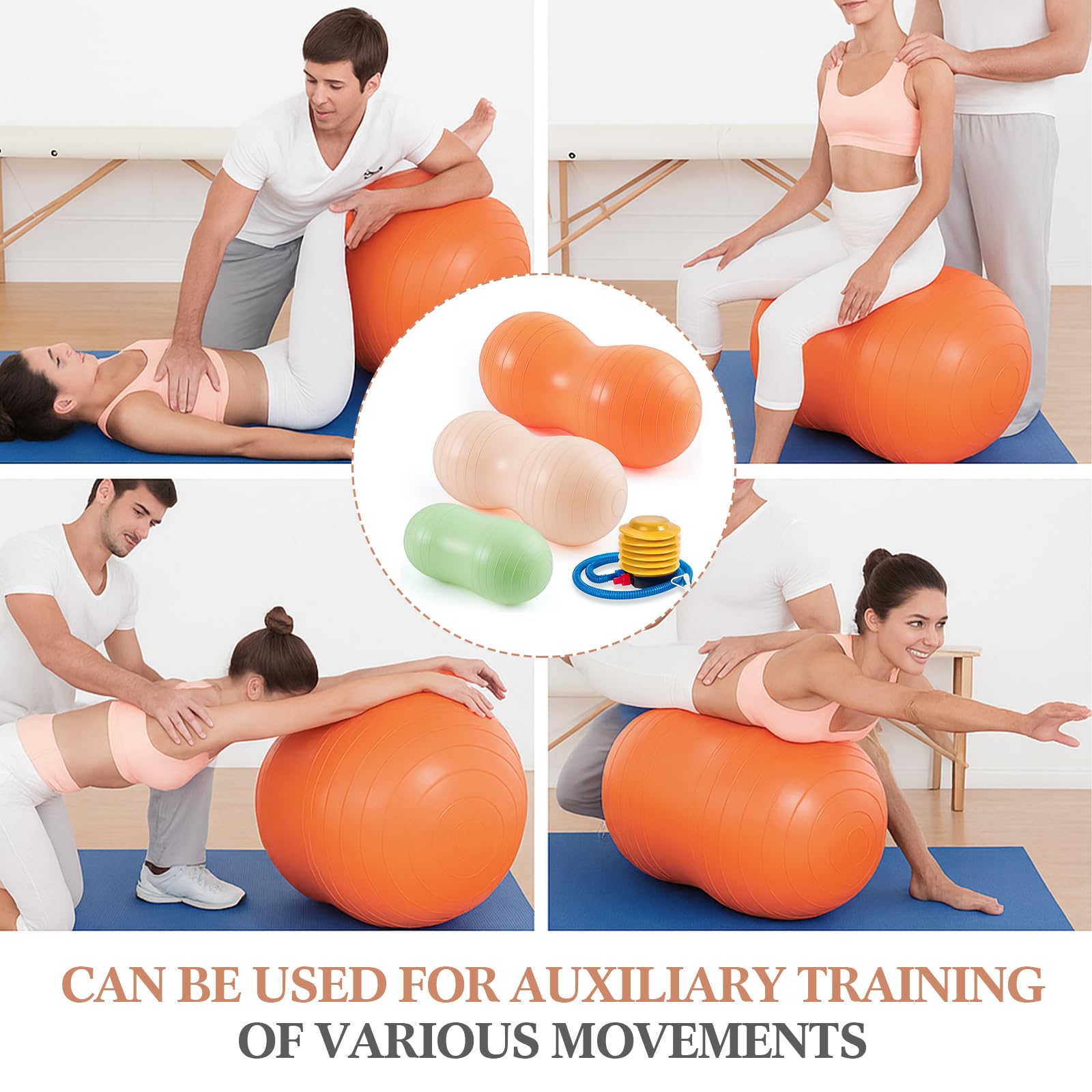 Jexine Lot de 3 balles d'exercice Anti-éclatement en Forme de cacahuète – Balle d'équilibre de Yoga pour la Maison, la Gym, la Grossesse, Le Travail et la physiothérapie, Comprend 1 Pompe, 3 Options | Balle de yoga avec pompe, convient pour l'entraînement