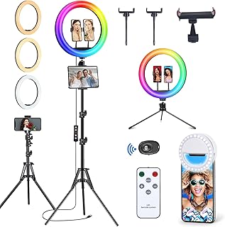 13 inch Ring Light with Tripod Stand & Phone Holder, Selfie Ring Light 63" Tall Extended Tripod Stand LED Circle Ringlight 50 RGB Mode 13 Brightness for Makeup YouTube Video Tiktok Wireless Remote