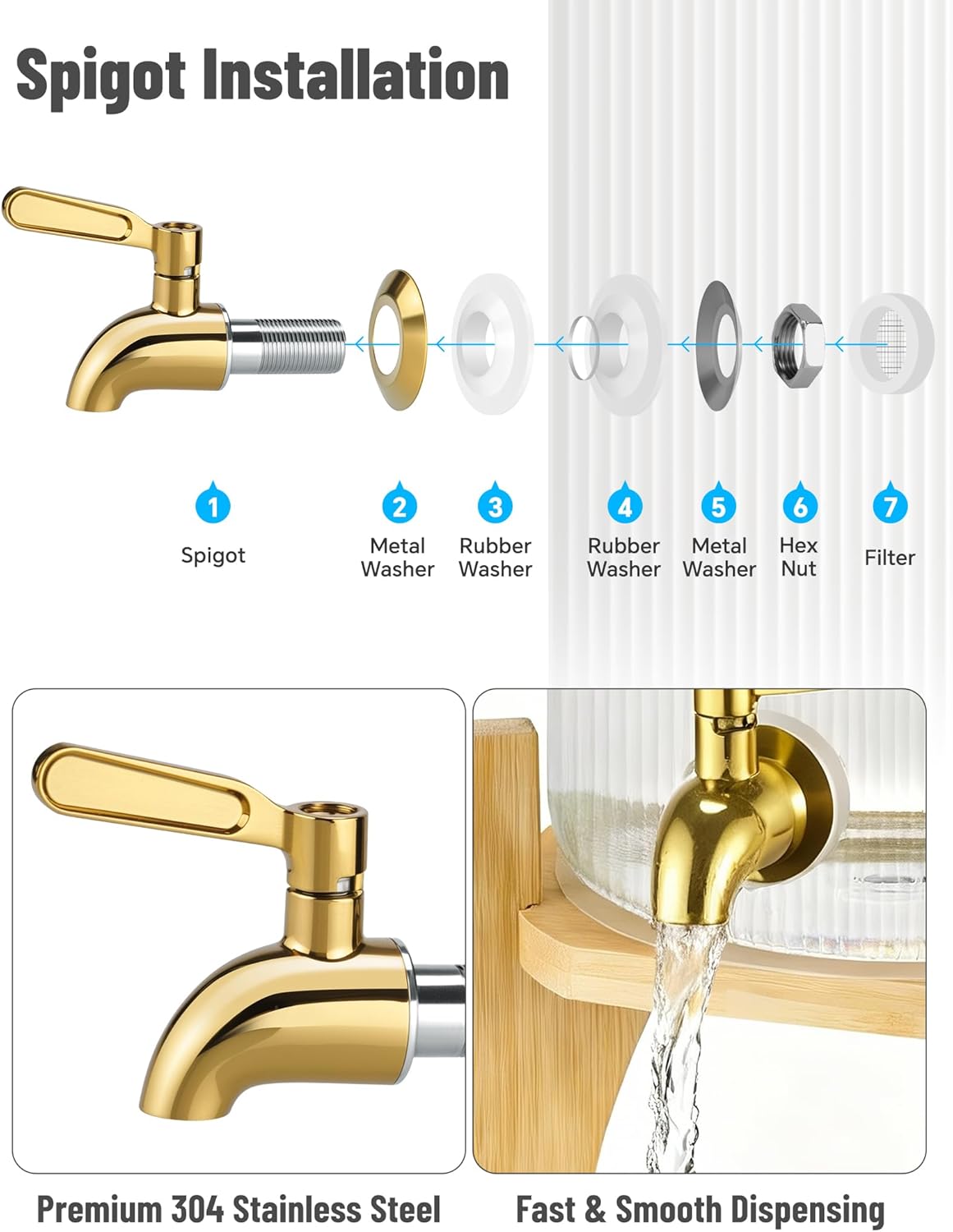 NiHome 1.3 Gallon Drink Dispenser for Parties, 4.9 L Glass Iced Beverage Dispenser, Large Glass Party Drink Dispensers for Lemonade, Tea & Juice, Bamboo Lid, Wood Stand & Stainless Steel Spigot (1PC) - Image 4