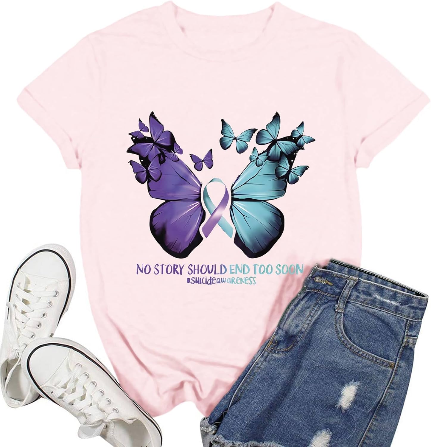 Women Suicide Awareness Shirts Suicide Prevention T-Shirt Teal Purple Ribbon Tee Tops