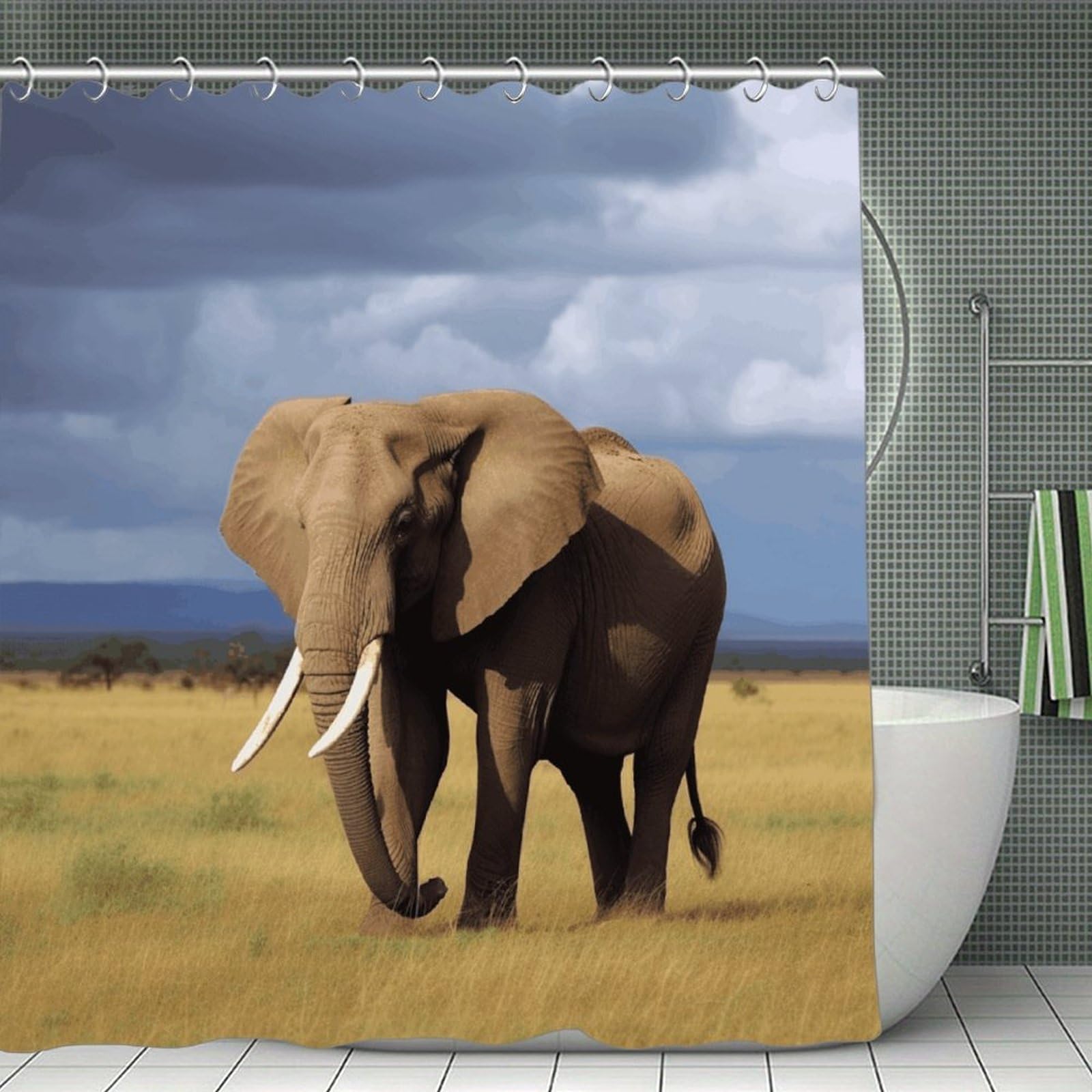 VstaDank Africa Grassland Elephant Shower Curtain 71x71 Heavy Duty Polyester Cloth Bath Curtain with Hooks Thick Waterproof Shower Liner Fun Magic Decorative Bathroom Curtains for Bathtub