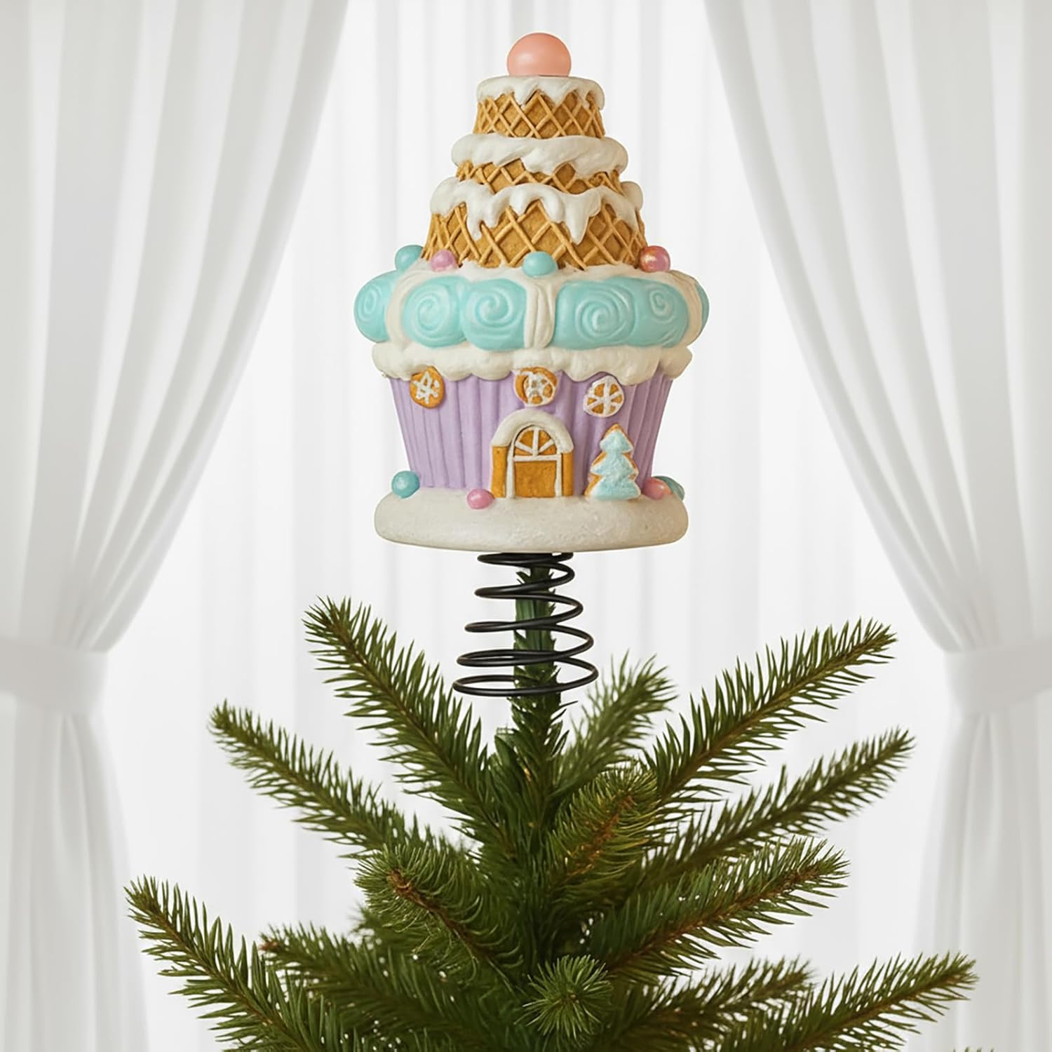 Simgoing 5.5 Inch Gingerbread House Tree Topper Candy Christmas Tree Topper Christmas Pastel Cupcake Decorations Pink Xmas Gingerbread Ornaments 3D Attachment Gift for Home Festive Party Decor