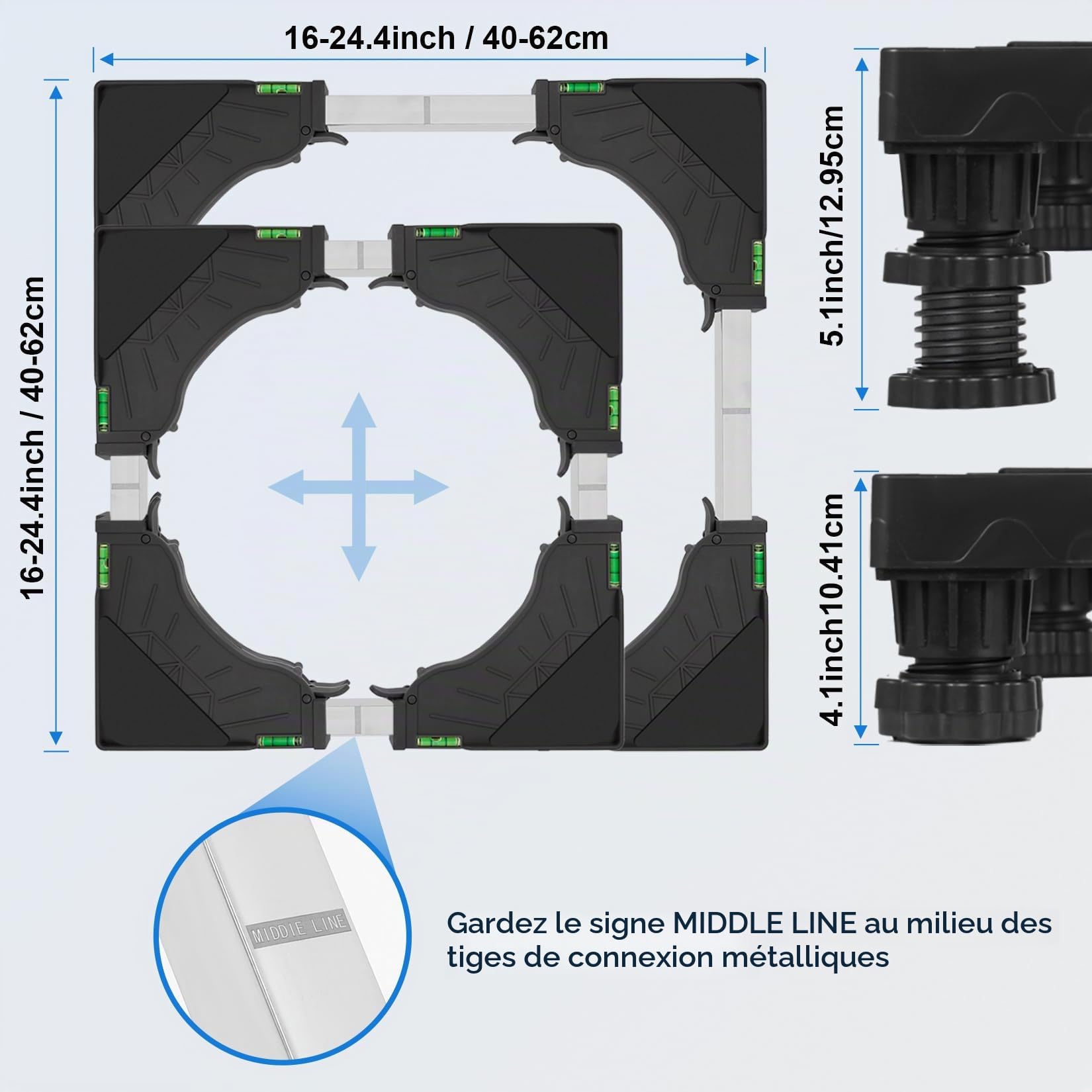 Support Machine à Laver avec 4 pieds rembourrés verrouillables, Réglable Largeur 40-62cm et Hauteur 10-12.5cm, Socle Lave Linge Charge 200KG, Bases de Réfrigérateur et Sèche-Linge, Noir