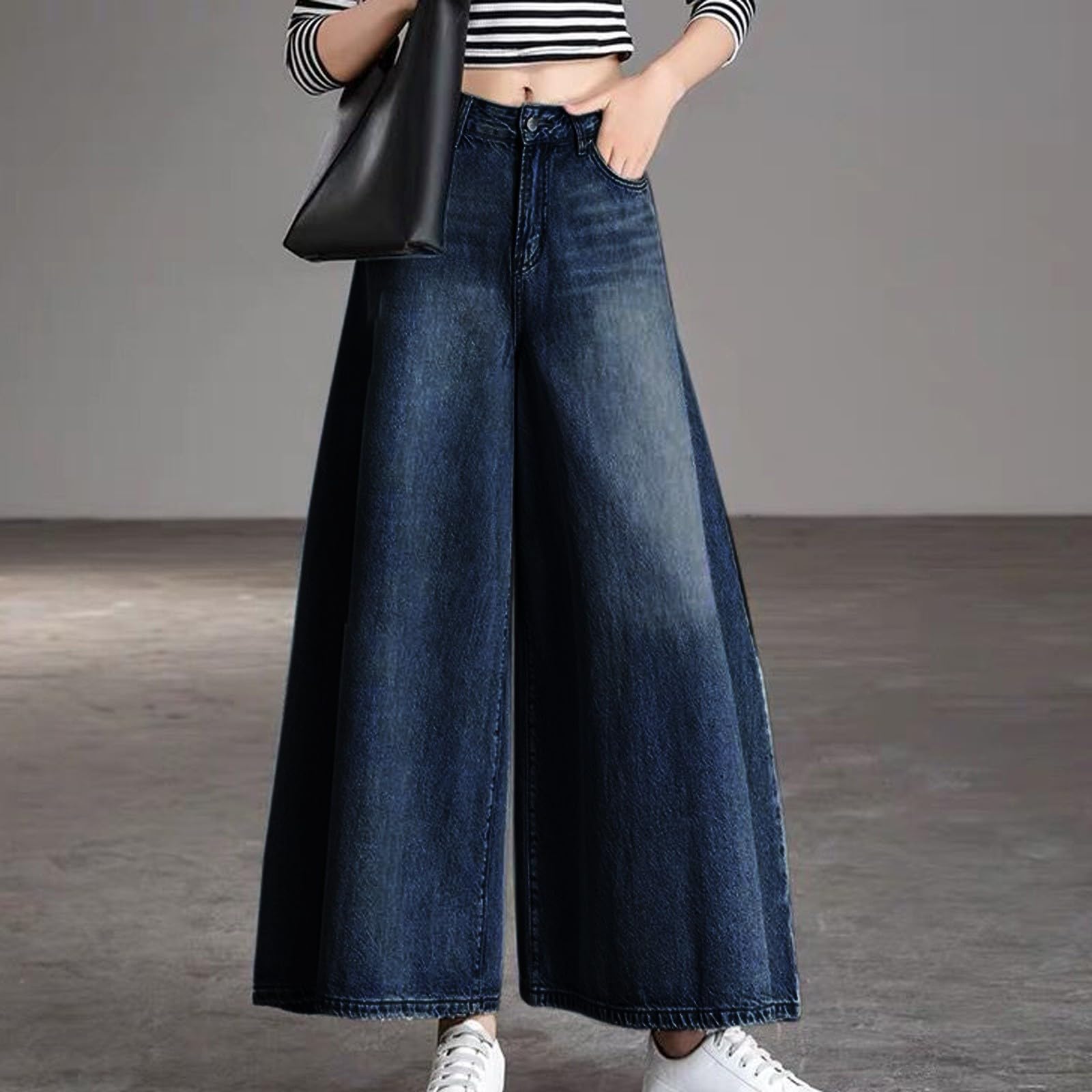 Damen Hose, 2024 Hoch Taillierte Mit Weitem Bein Für Im Frühjahr Und Hohe Und Große Rockhosen Mit Saum. Aus Verwaschenem Denim Mit Großem Bein., Für Arbeit Und Freizeit