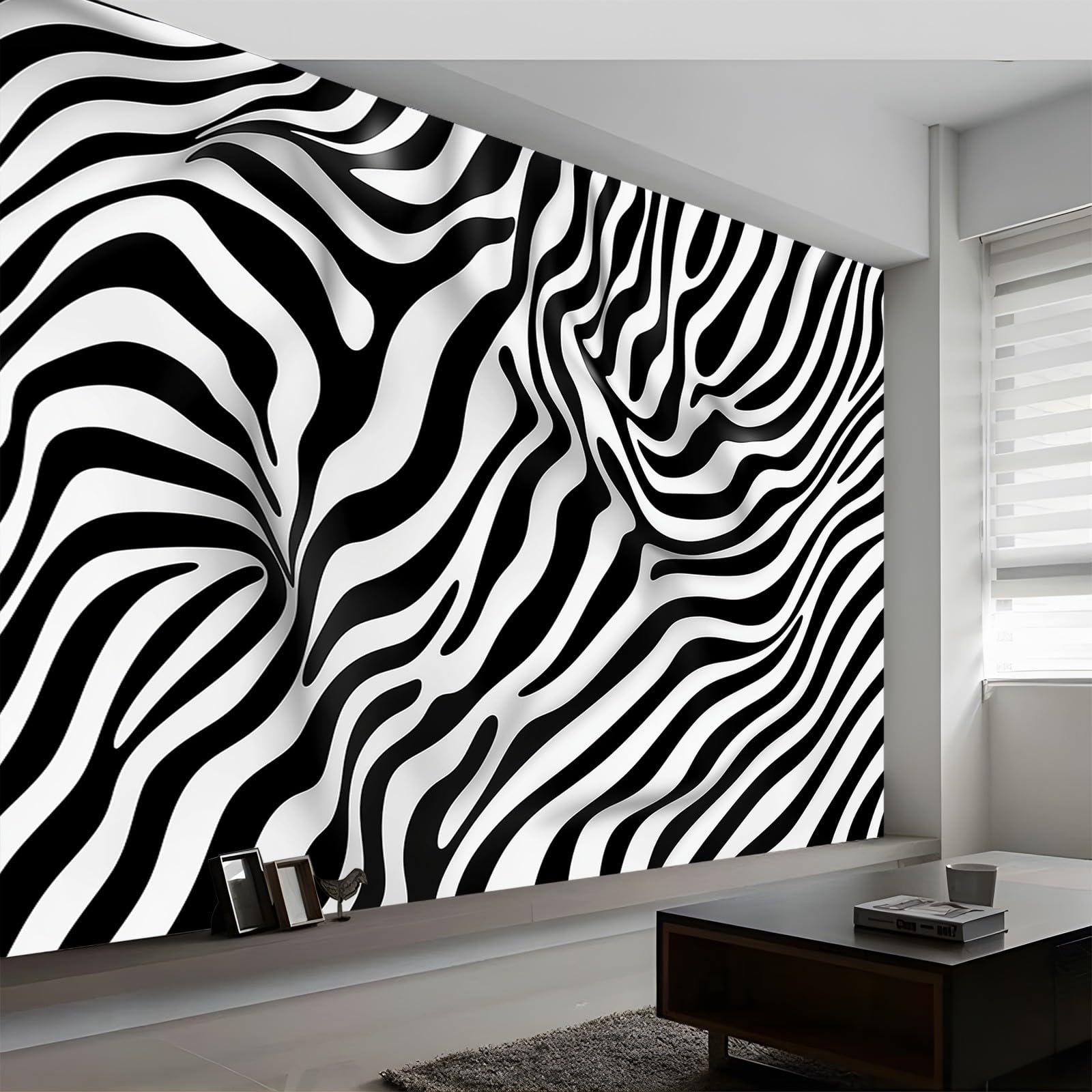 Papel tapiz mural de pared 400 x 280 cm Papel tapiz no tejido Abstracto Rayas De Cebra Papel tapiz fotográfico decorativo moderno para dormitorio infantil Blanco Negro Papel tapiz de póster