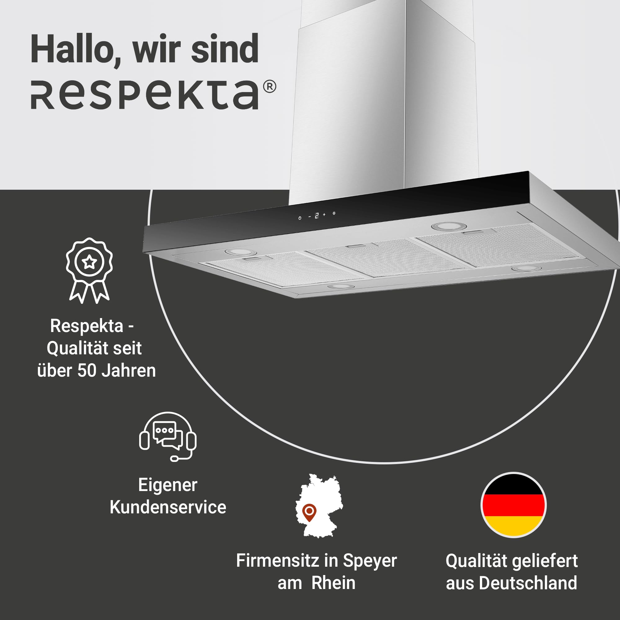 Respekta Dunstabzugshaube CH44199IX-21 / Inselhaube aus Edelstahl mit Glasfront, 90 cm/Luftstrom max. 631,7 m³/h/Abluft- und Umluftbetrieb/Energieeffizienzklasse A+++ / 42 – 63 dB