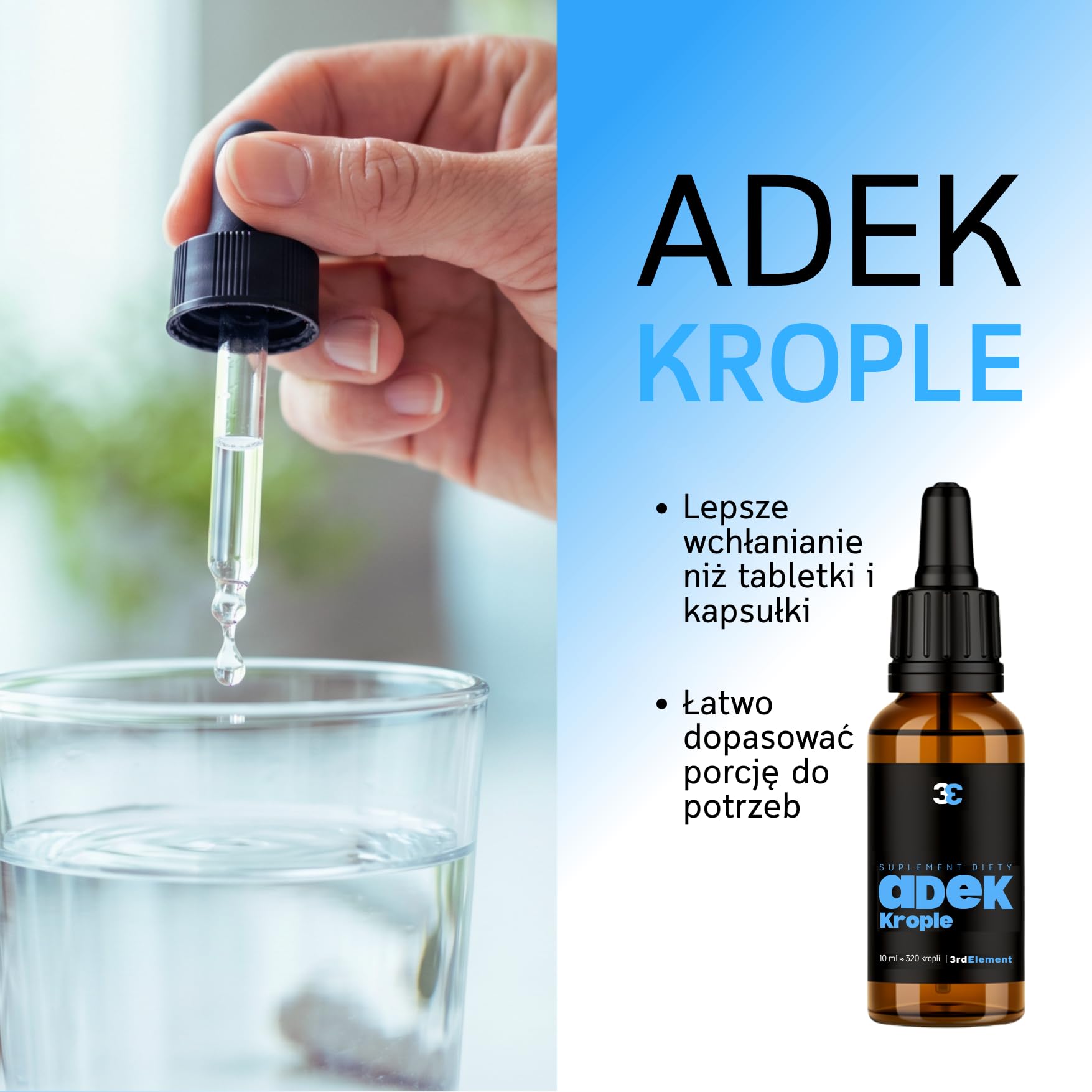 Witaminy ADEK w kroplach 10 ml | Wegańska formuła | Wspiera odporność, wzrok, skórę i kości | 3rd Element Nutrition