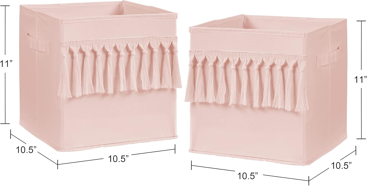 Sweet Jojo Designs Pink Boho Bohemian Foldable Fabric Storage Cube Bins Boxes Organizer Toys Kids Baby Childrens - Set of 2 - Solid Color Blush Shabby Chic Luxury Vintage Designer Tassel Fringe