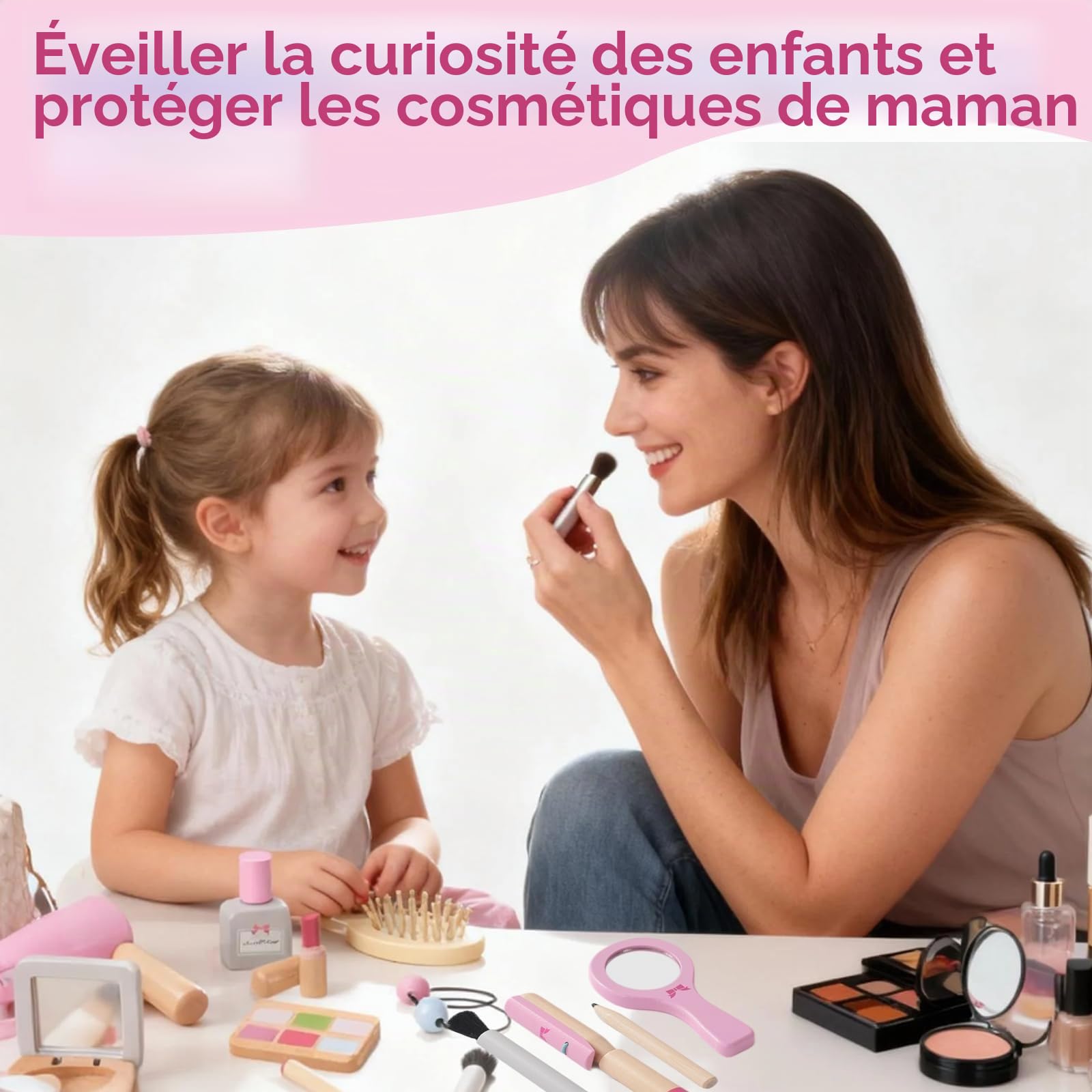Jouets de Maquillage Kit pour Enfants, Faux Maquillage Enfant Fille, Coiffure en Bois pour Jeux de Rôle, pour Les Anniversaires et Noël des Enfants de 3 4 Ans.