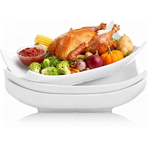 Gomakren Serving Platters Serving Bowls Set Turkey Serving Platter Porcelain Serving Dishes For Entertaining Special Curved Deep Large Thanksgiving Christmas Dishes Gifts Set of 3 White 12 Inch