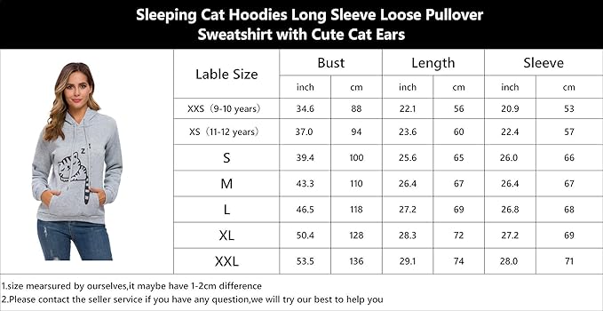 The RGOSME Women Teen Girls Cat Hoodie Sweatshirt is a stylish and cute pullover sweatshirt designed with cat ears on the hood and a sleeping cat printed on the front. Made for women and teen girls, this sweatshirt is perfect for those who love cats and want to add a fun and playful touch to their outfit.