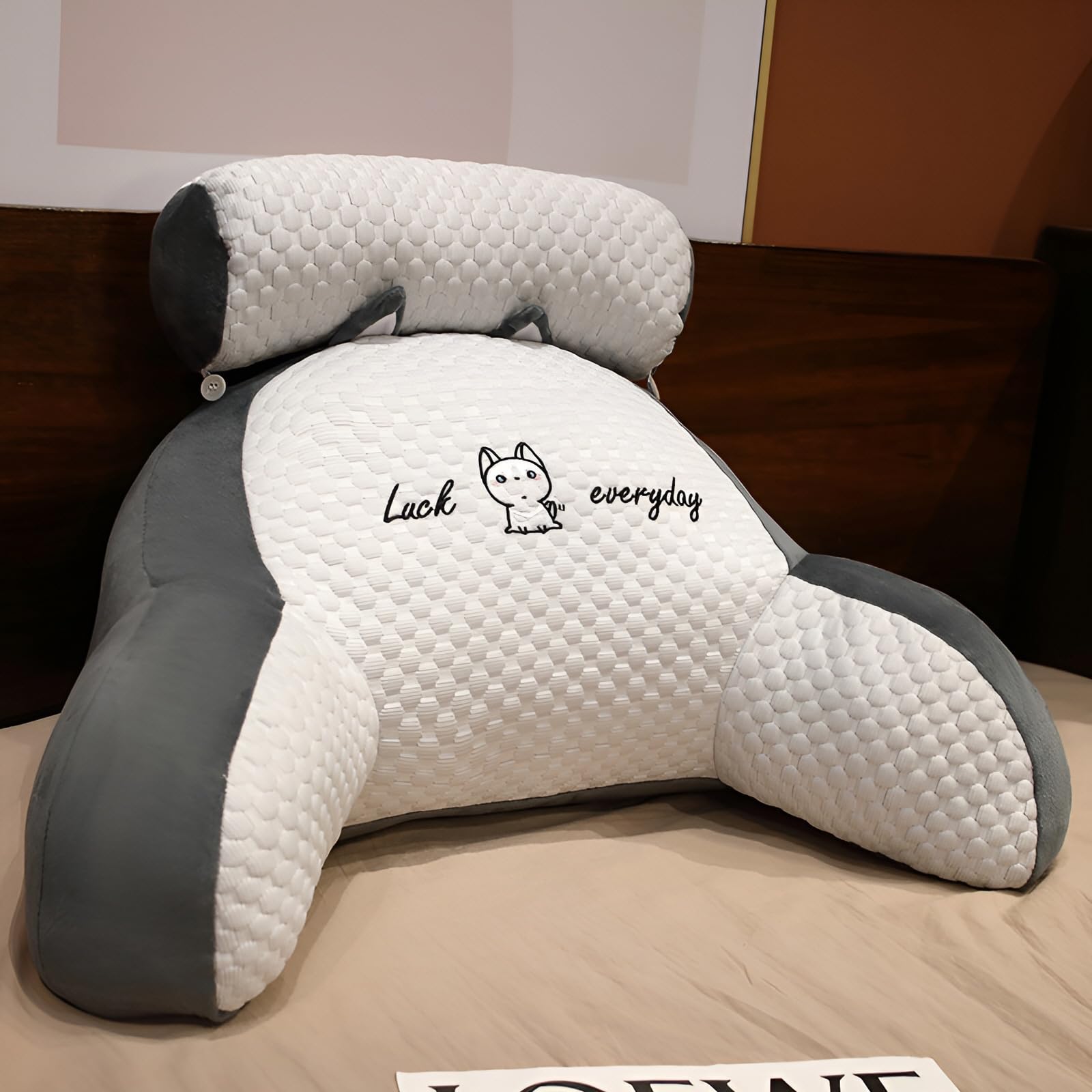 LANPEW Reading Pillow,Rückenenkissen mit armlehnen,Lesekissen für Bett,bettessel Rückenlehhnenkissen Rückenstütze,Kissengeschenke für Lesen,Arbeiten,und Spielen (Bean Samt grau, 80 * 60 cm)