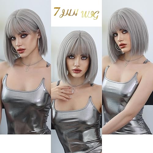 Miniatura 6 de 7JHH WIGS Peluca corta y lacia con flequillo de 12 pulgadas, peluca corta de cabello natural rubio natural, resistente al calor, densidad del 150 %,