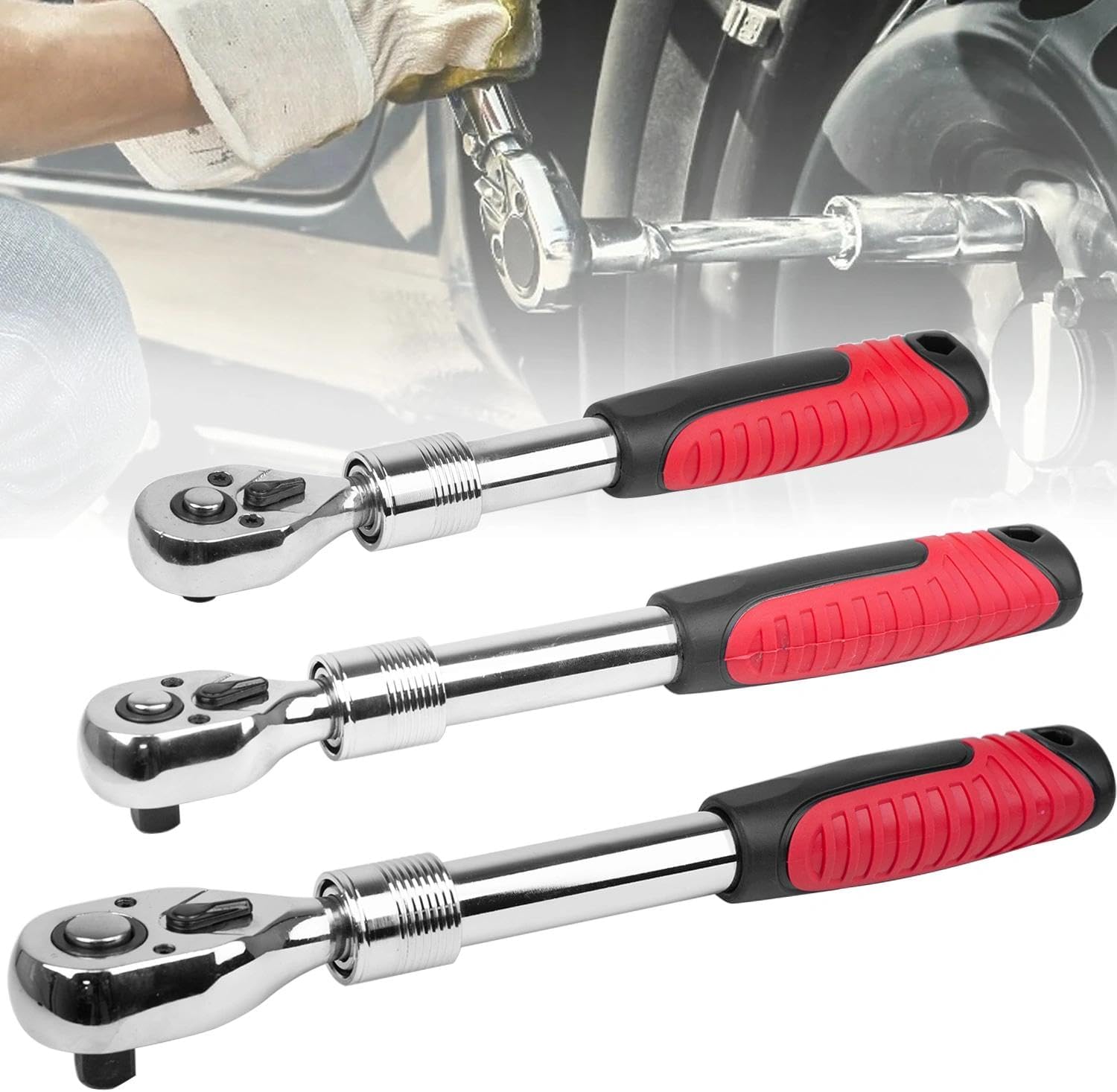 3Pcs Extendable Ratchet Wrench Set, 1/4 3/8 1/2 Inch Drive Flex-Head Socket Wrench, 72-Tooth Quick Release & Reversible Ratchet Wrenches with Soft Grip Handle for Automotive Repair, Mechanic, Home DIY
