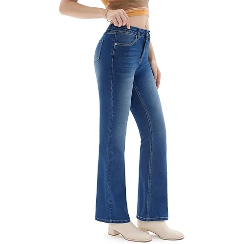 Prettyleaf Petite Women's 24"/26"/28"/30" Stretch Flare Jeans High Waisted Curvy Bootcut Denim Pants