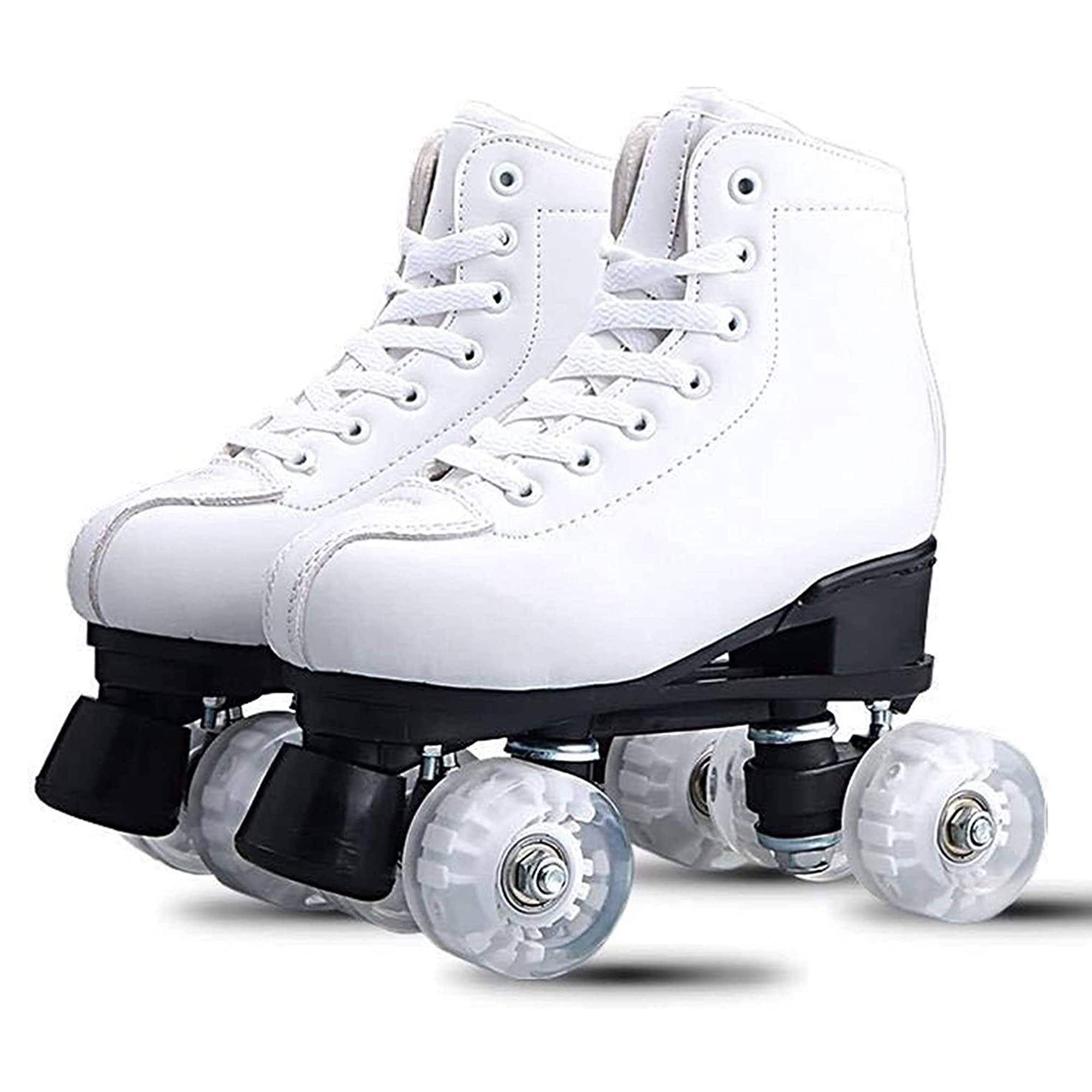 Classic White Roller Skates Unisex Double Row 4 Wheels Quad Rollers Skates, PU Leather Material, with Durable PU Wheels for Indoor Outdoor Beginners Teens Adult Boys Girls (Women8/Men6.5)
