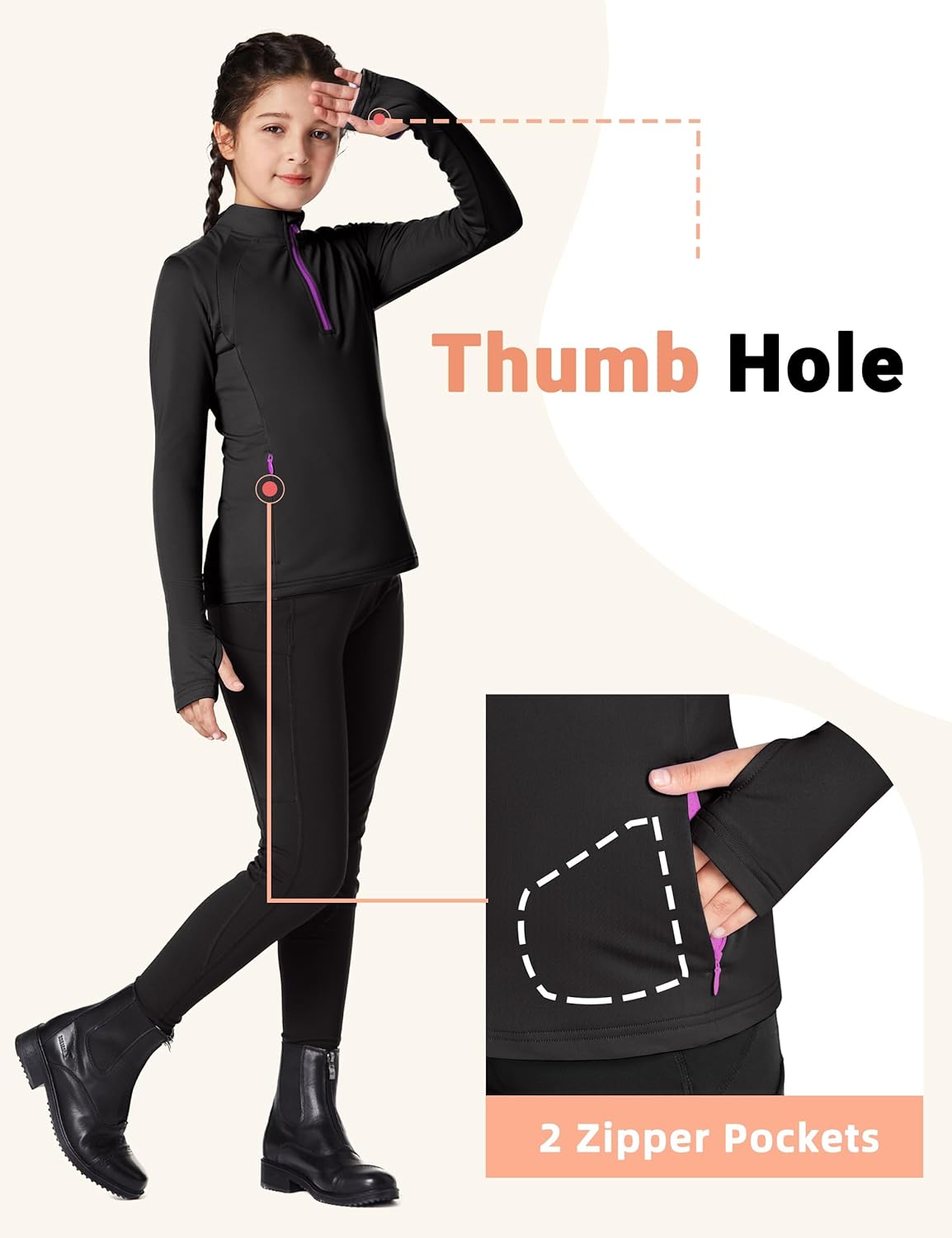 FitsT4 Sports Girls Fleece Long Sleeve Shirts Thumbhole Horse Riding Shirt Kids Equestrain Half Zip Thermal Jacket - Image 2
