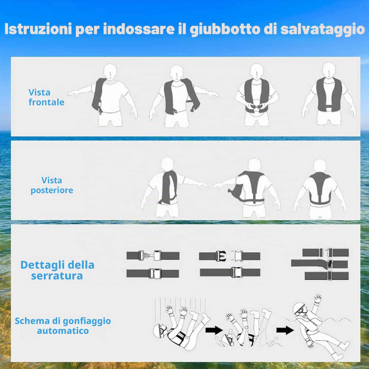Giubbotti di salvataggio gonfiabili automatici senza cilindro, forte assistenza professionale 150 n, con trachea e gilet per kayak, spiaggia, snorkeling, blu navy
